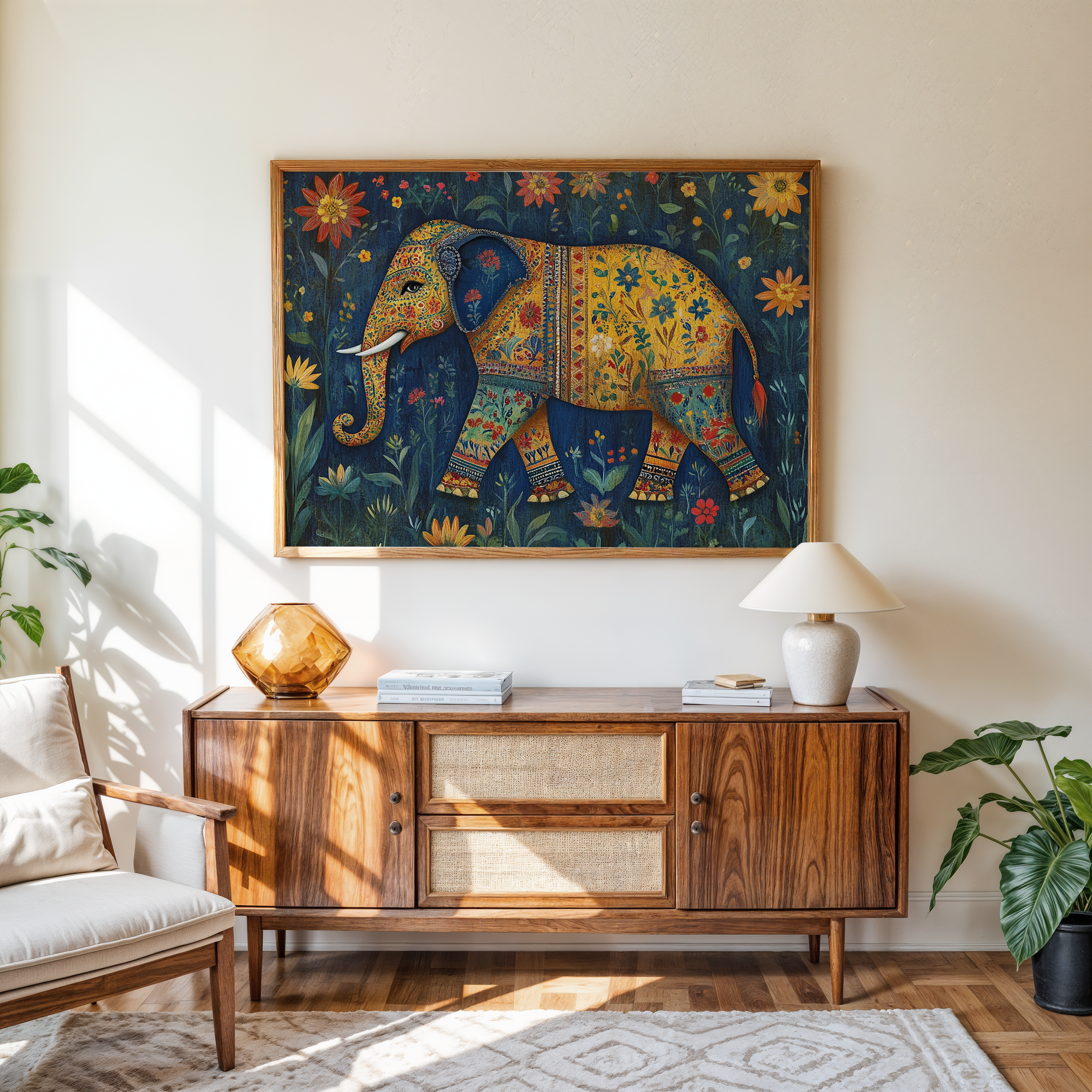 Traditional Indian elephant artwork framed canvas print