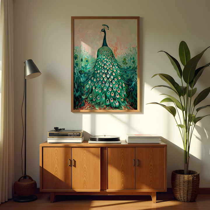 Emerald peacock wall art canvas print with modern pastel background and detailed feather