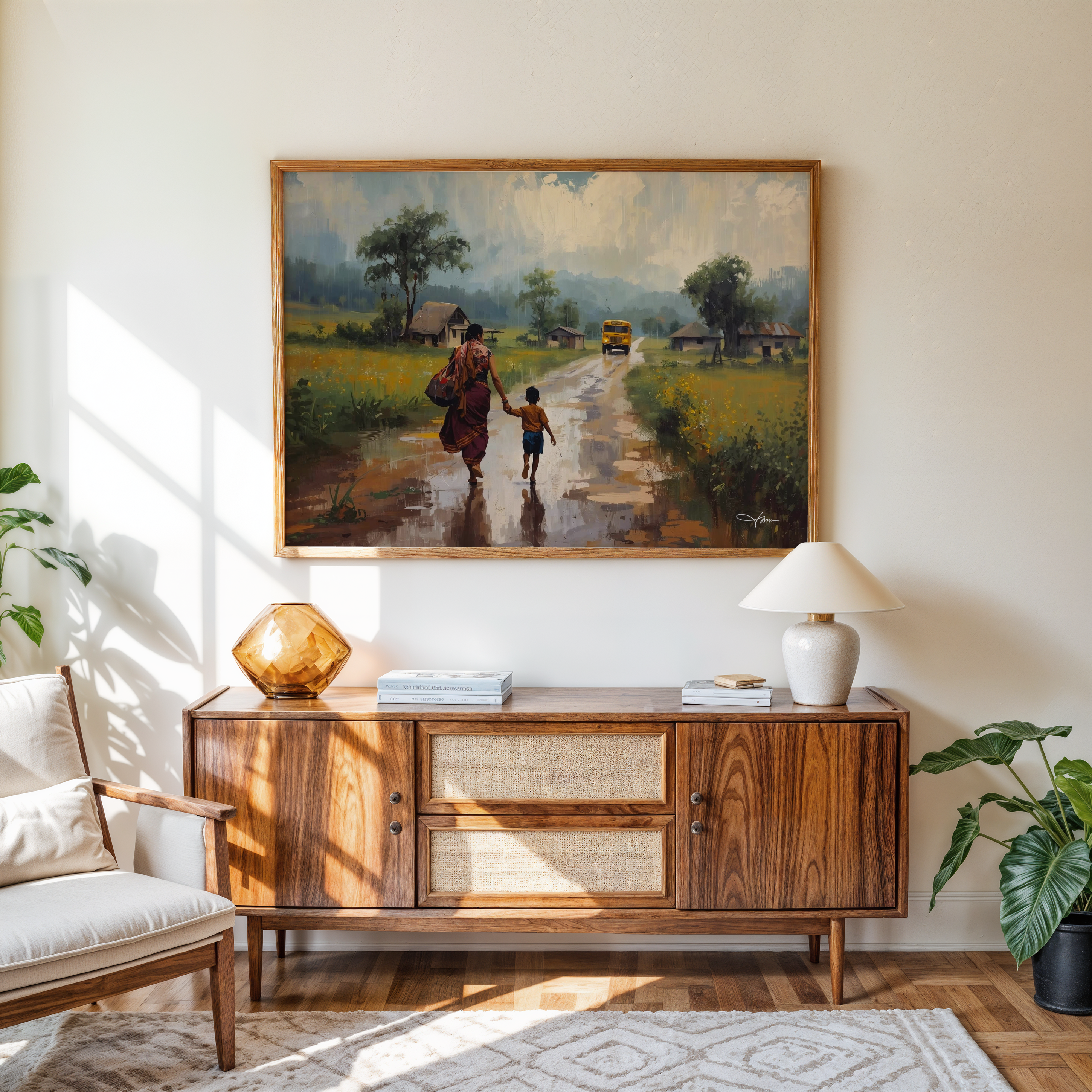 Motherhood love art print on canvas – rural Indian morning view