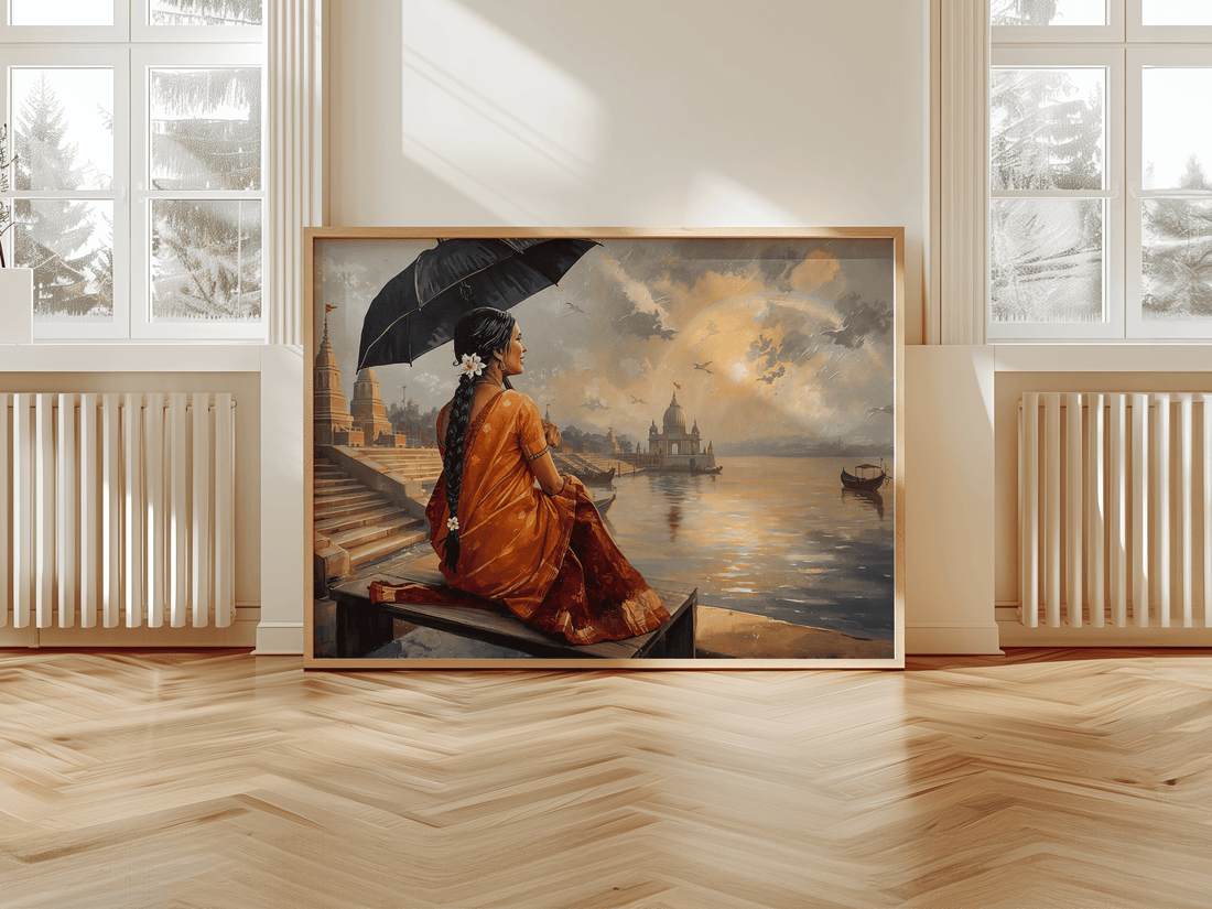 Emotional Indian woman painting near river – spiritual art print