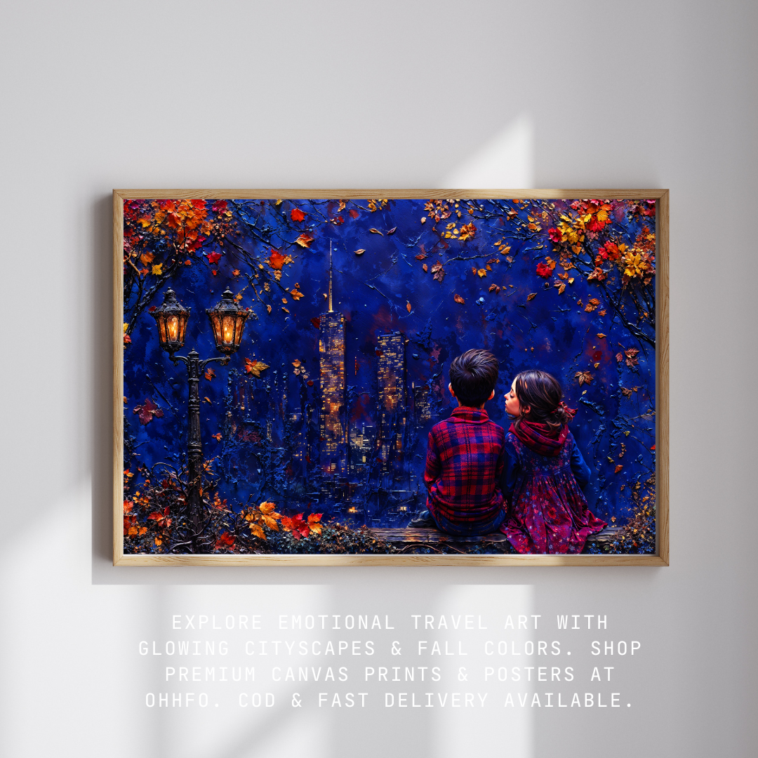Emotional digital art showing children watching a glowing city under vintage street lamps surrounded by autumn leaves – dreamy travel wall decor