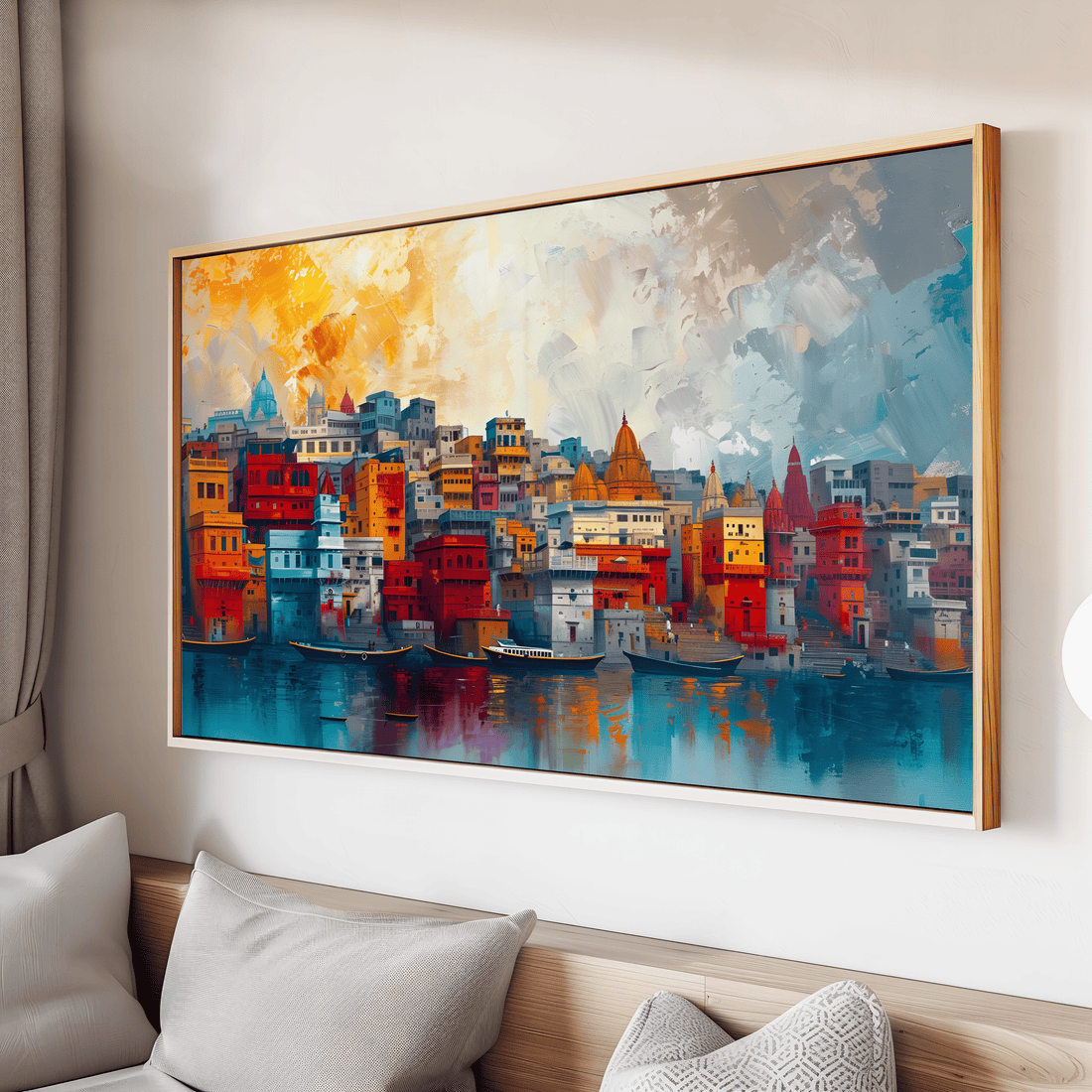 Vibrant artistic view of Varanasi ghats with temples and boats in colorful oil painting style canvas wall art
