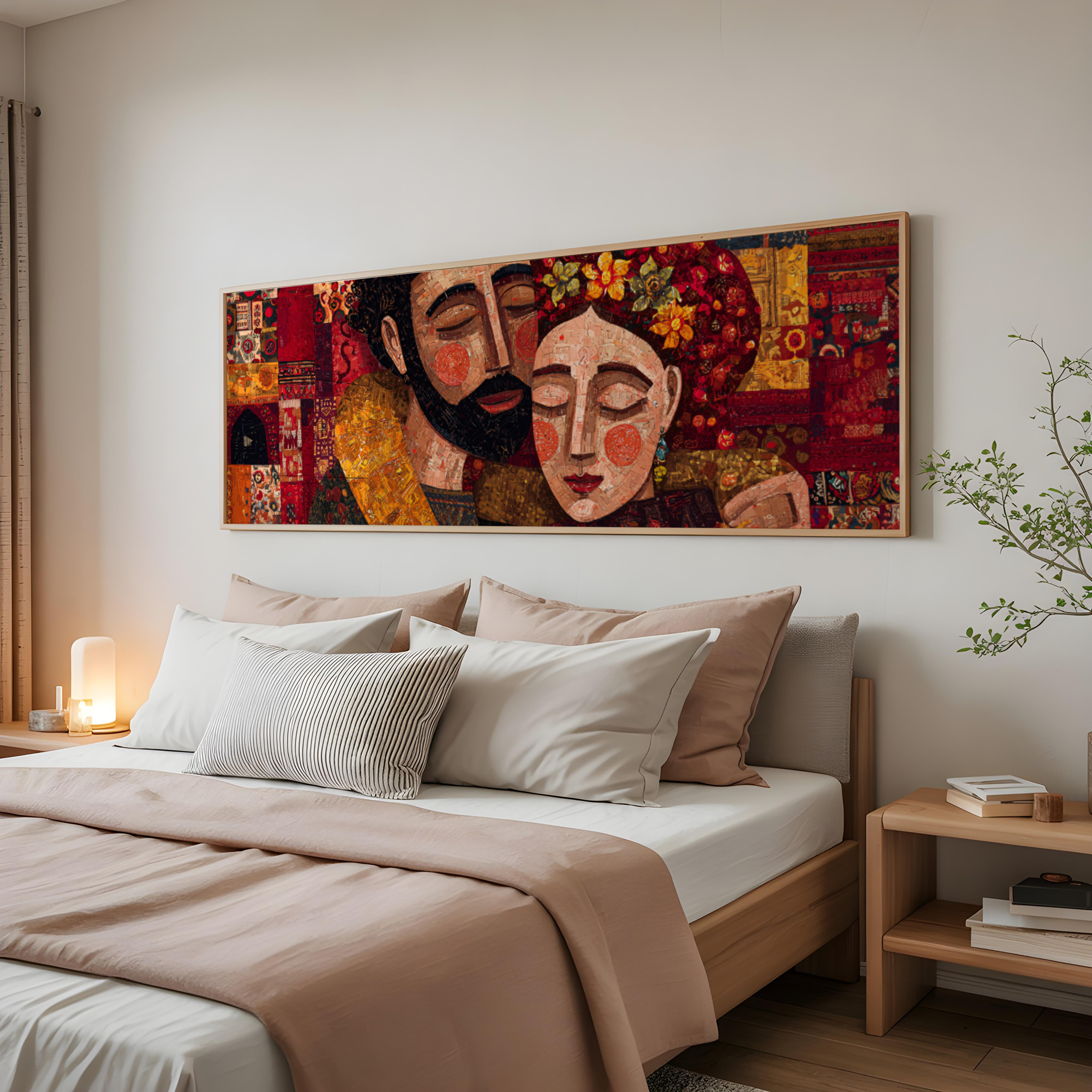 Ethnic love couple mosaic wall art with rich textures and warm traditional colors