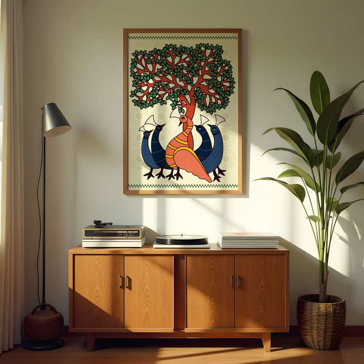 Ethnic Indian folk wall art showing decorative birds and a symbolic tree illustration