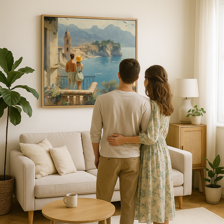 Coastal town wall art mockup showing a couple embracing in a bright living room
