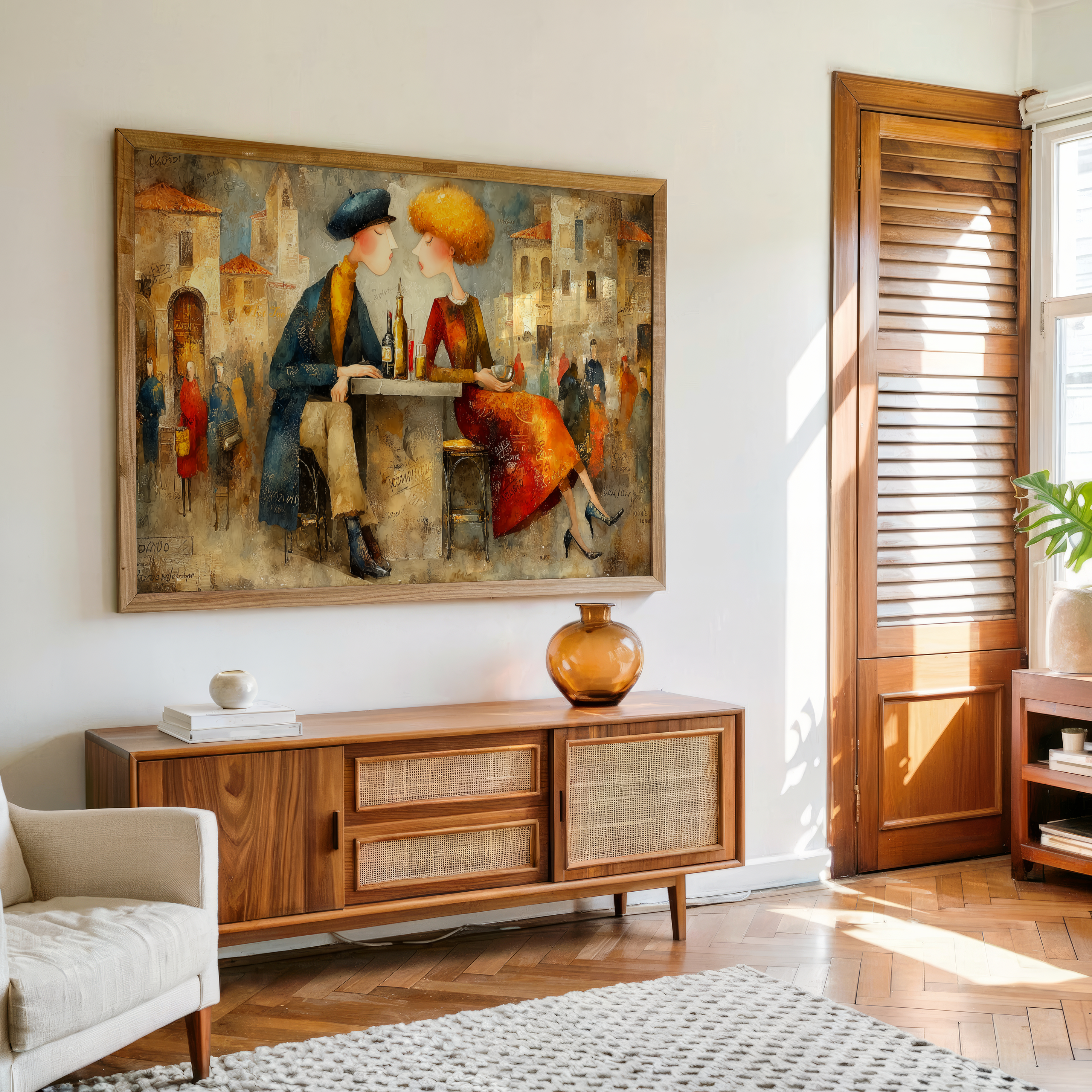 Romantic couple artwork in abstract style with textured brushstrokes, perfect wall art for living room, dining, or cafe interiors.