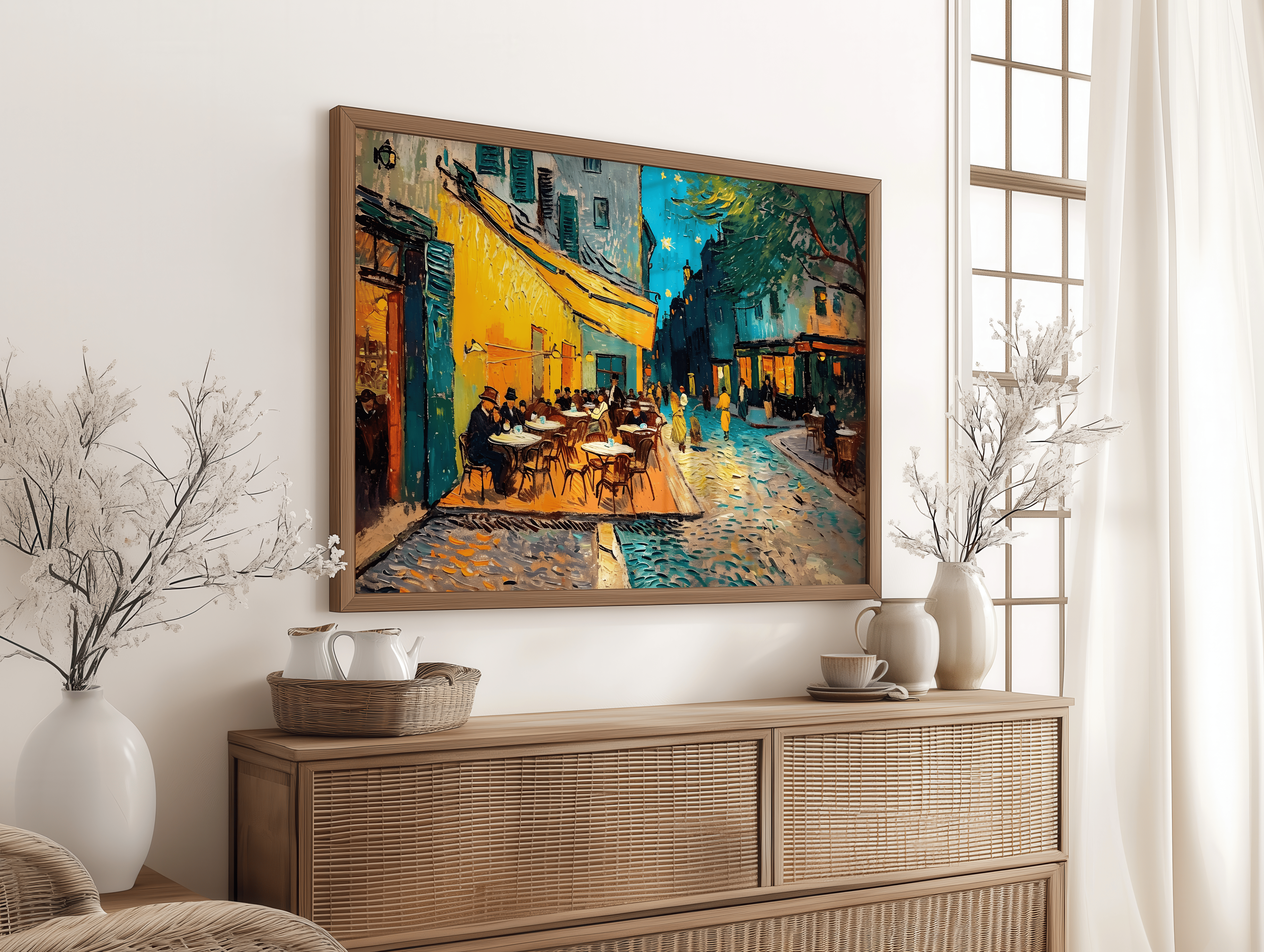 European cafe terrace night city wall decor with colorful buildings and people