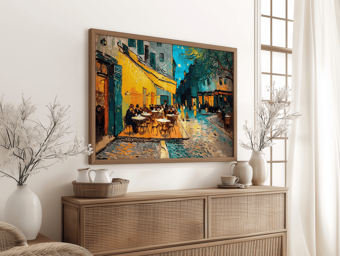 European cafe terrace night city wall decor with colorful buildings and people
