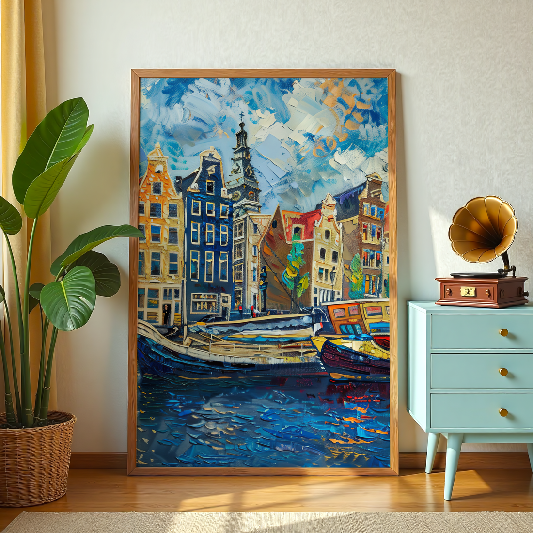 European canal city painting wall decor with historic buildings and water reflections