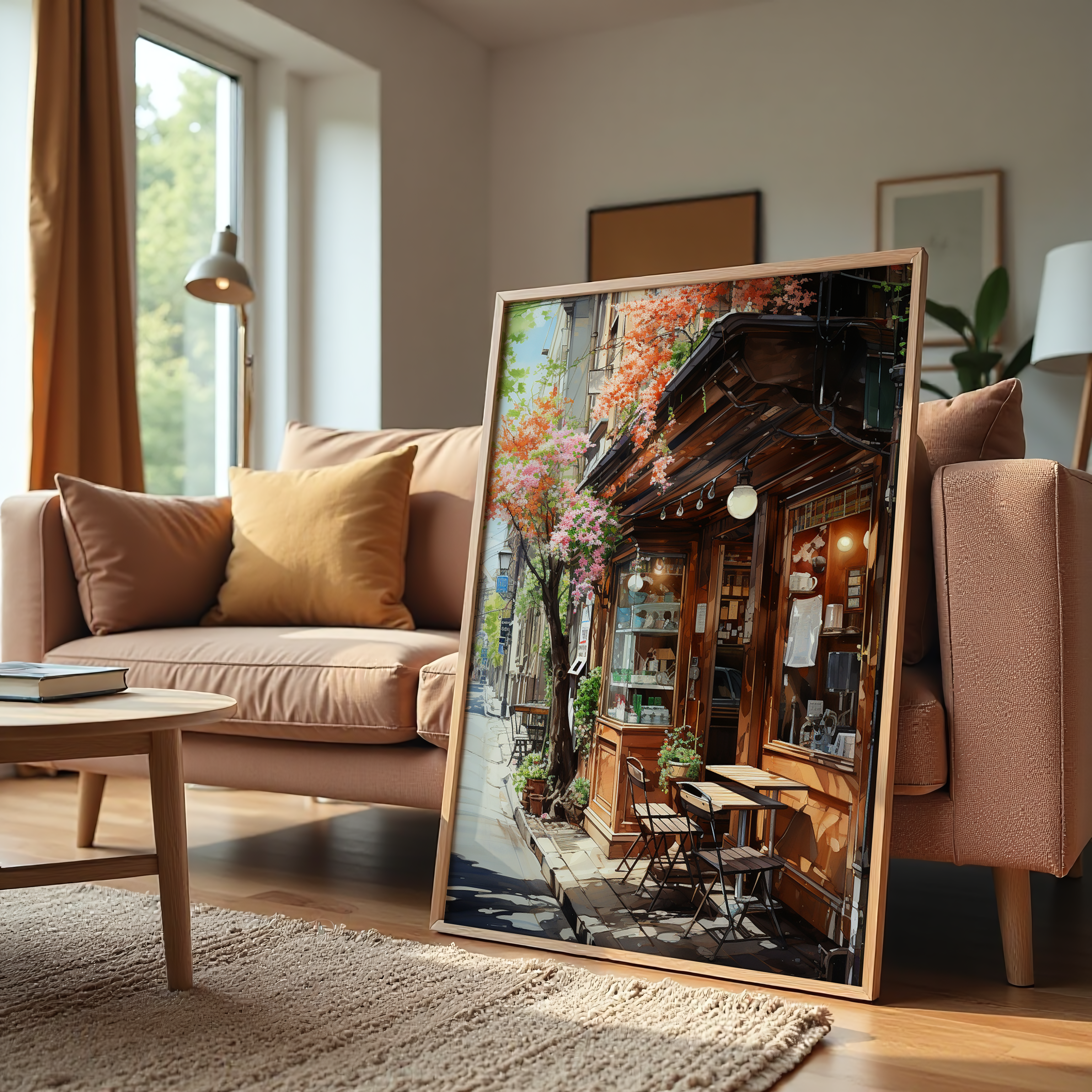 Romantic European street café canvas wall art with flowers