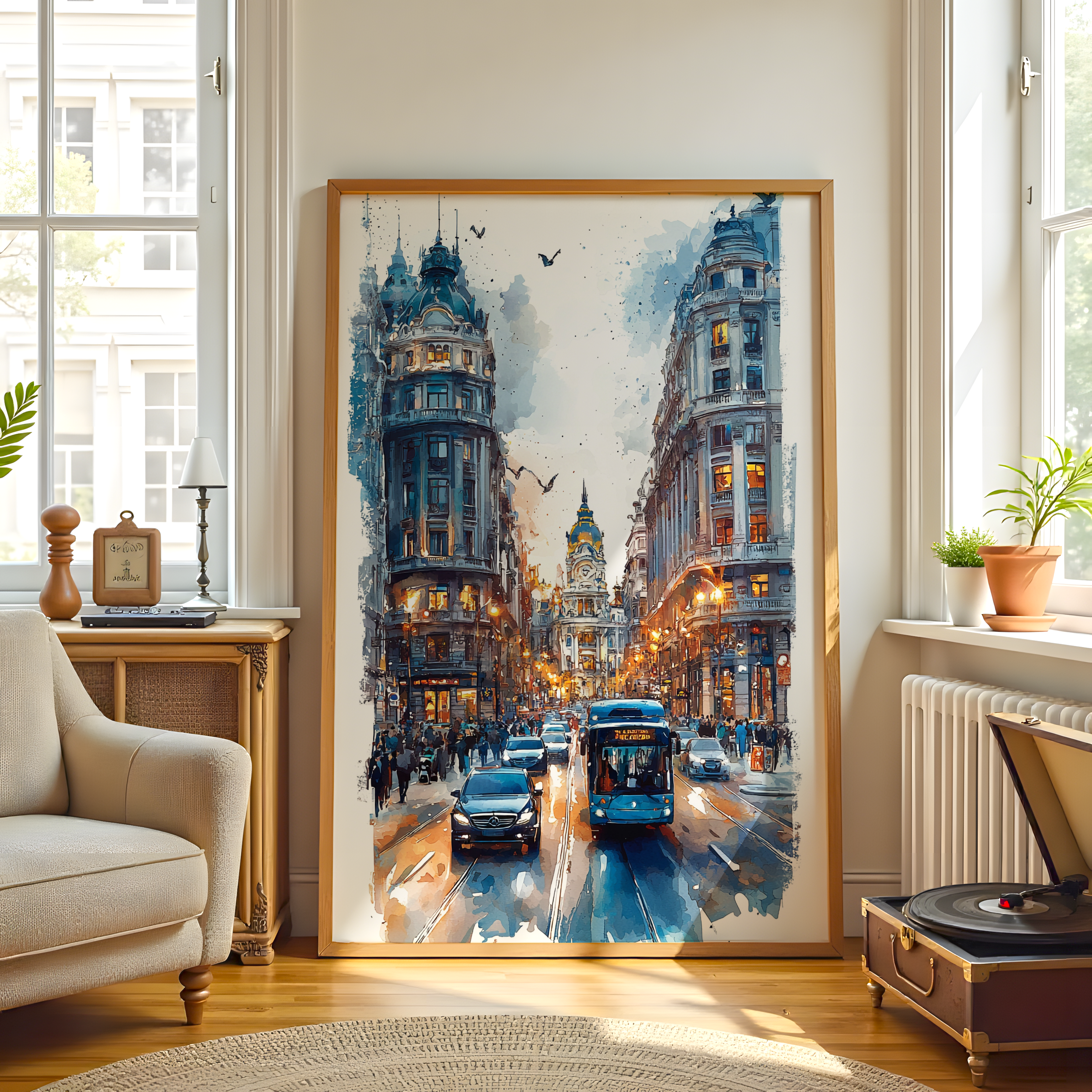 European street scene painting with classic buildings and busy roads