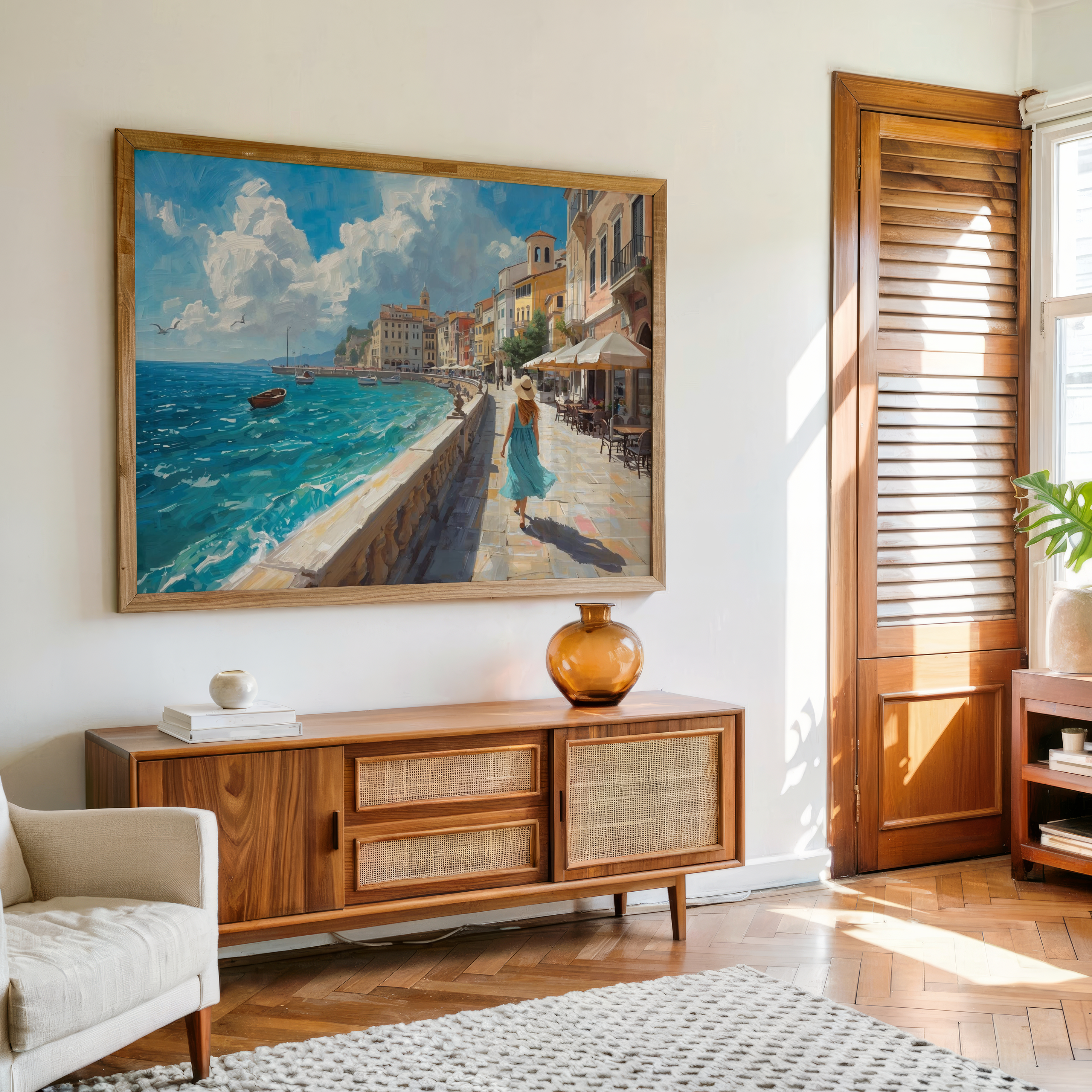 European coastal seaside promenade canvas art with ocean view and pastel buildings