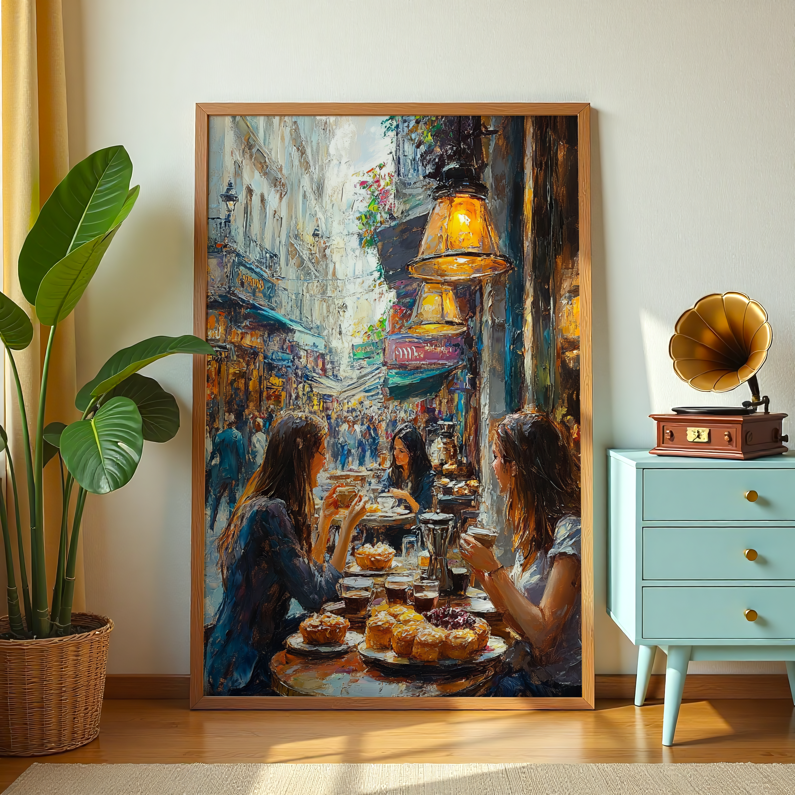 Framed canvas art of coffee shop scene with pastries and glowing lanterns