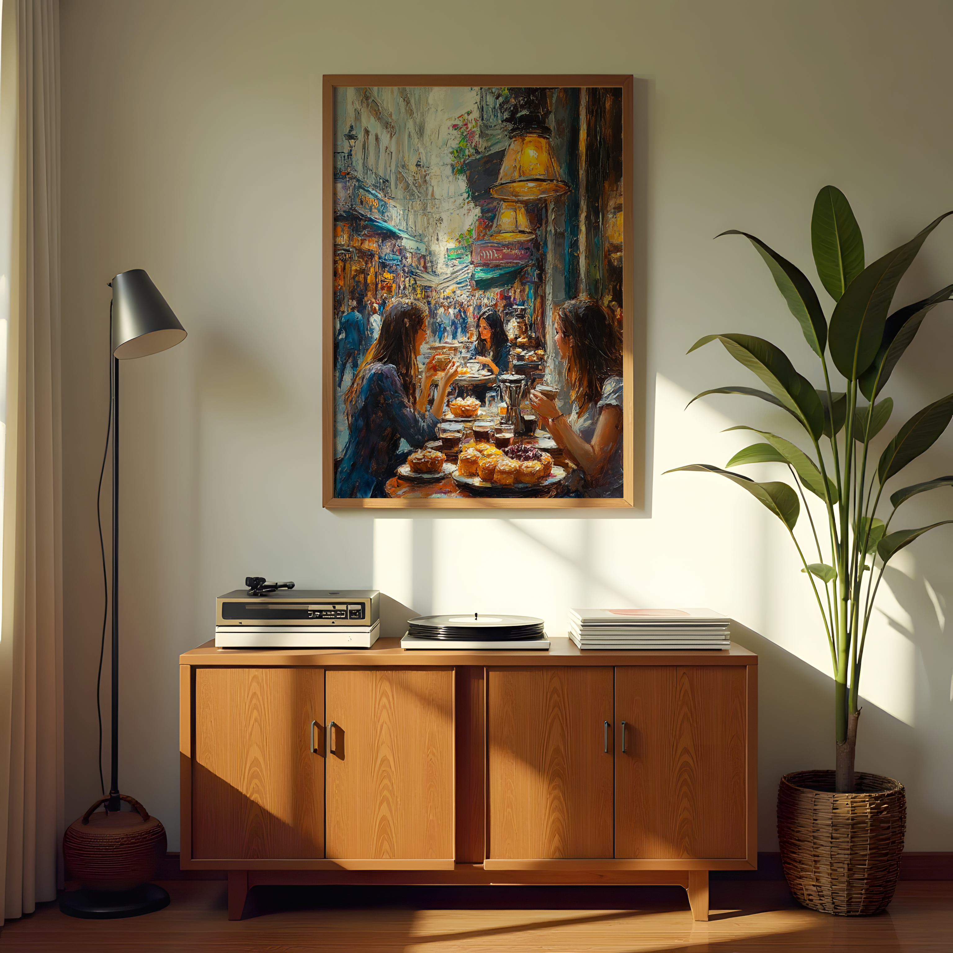 Street café painting with women chatting over drinks and desserts