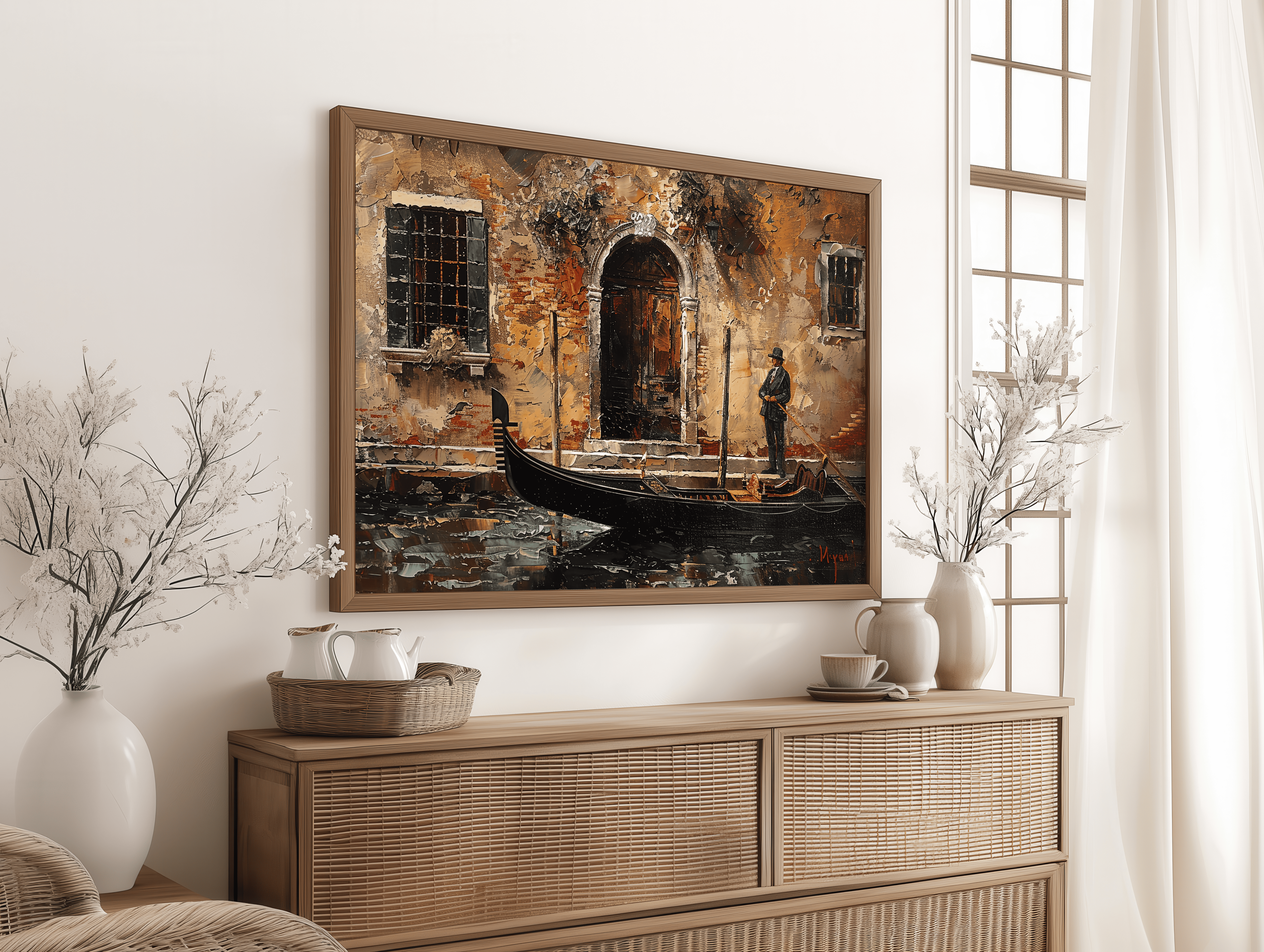 Travel-inspired Venice canal painting for living room décor