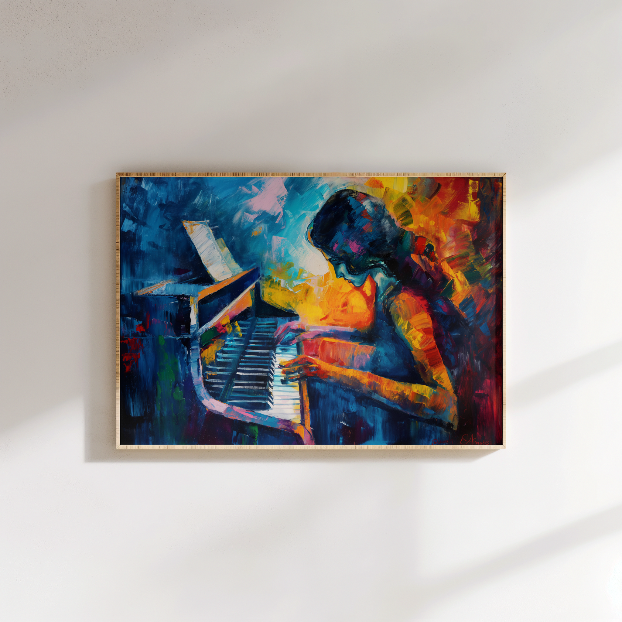 Vibrant modern art of girl at piano – abstract music canvas wall decor
