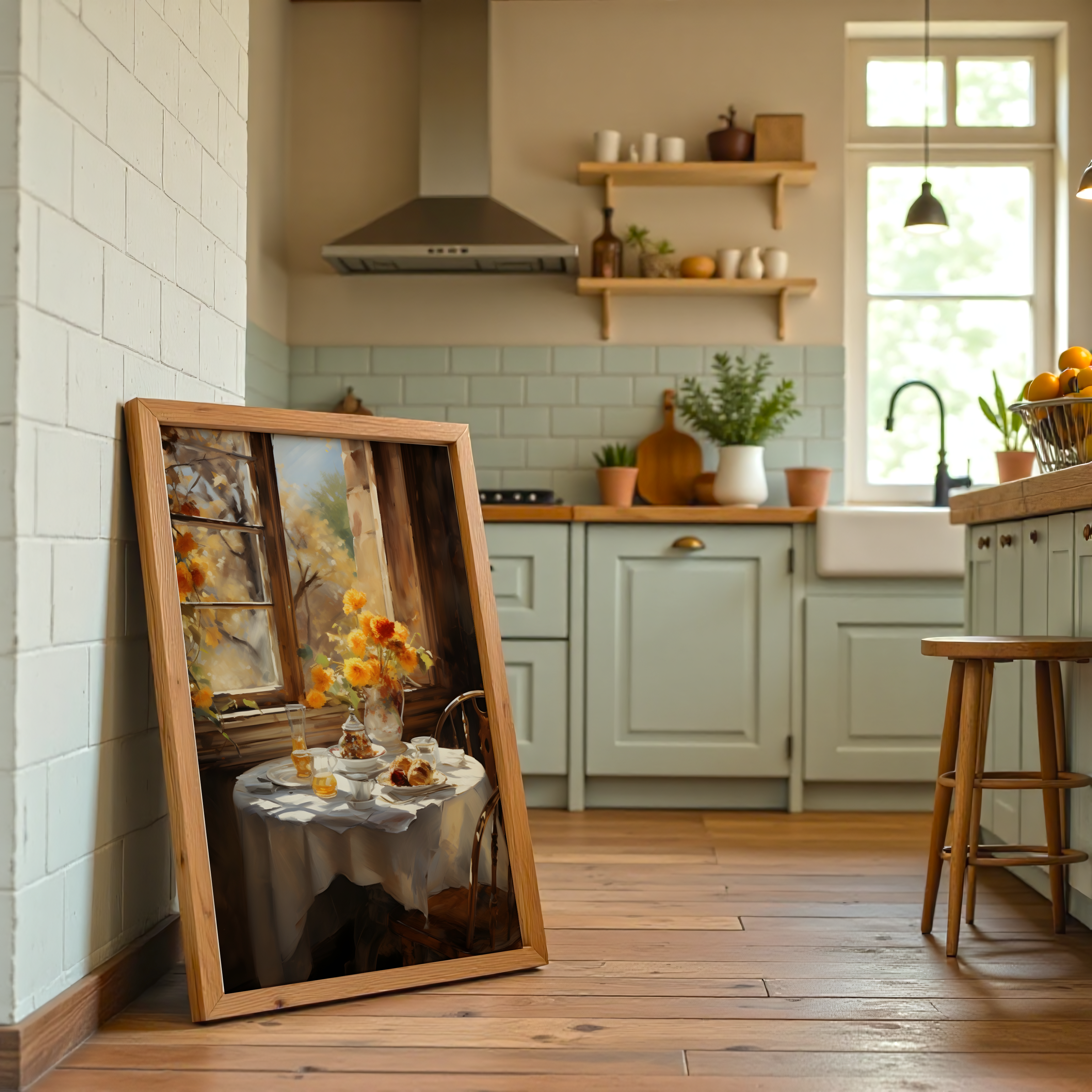 Warm fall dining room decor featuring a vintage table and seasonal flowers