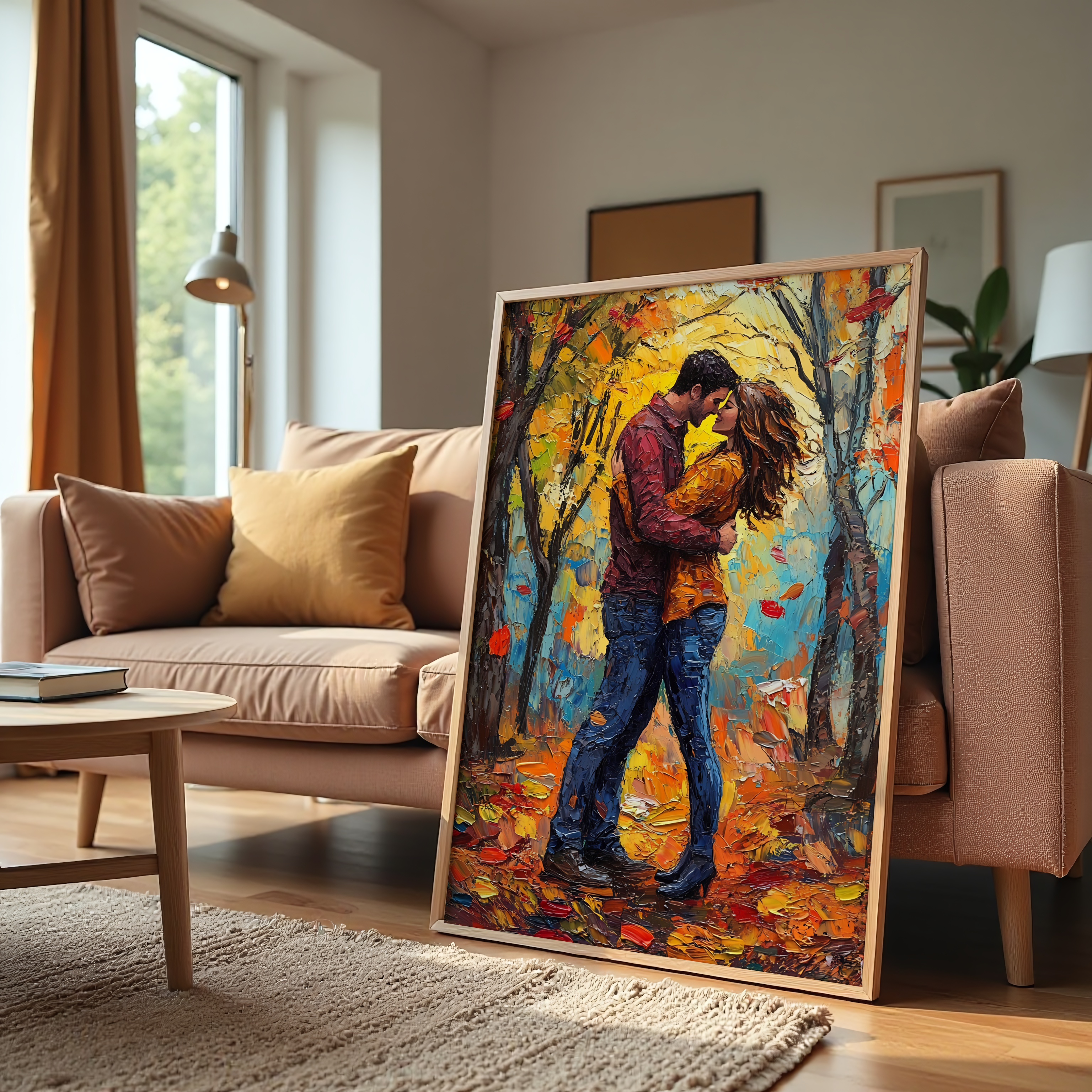 Fall season kiss painting with colorful leaves and trees