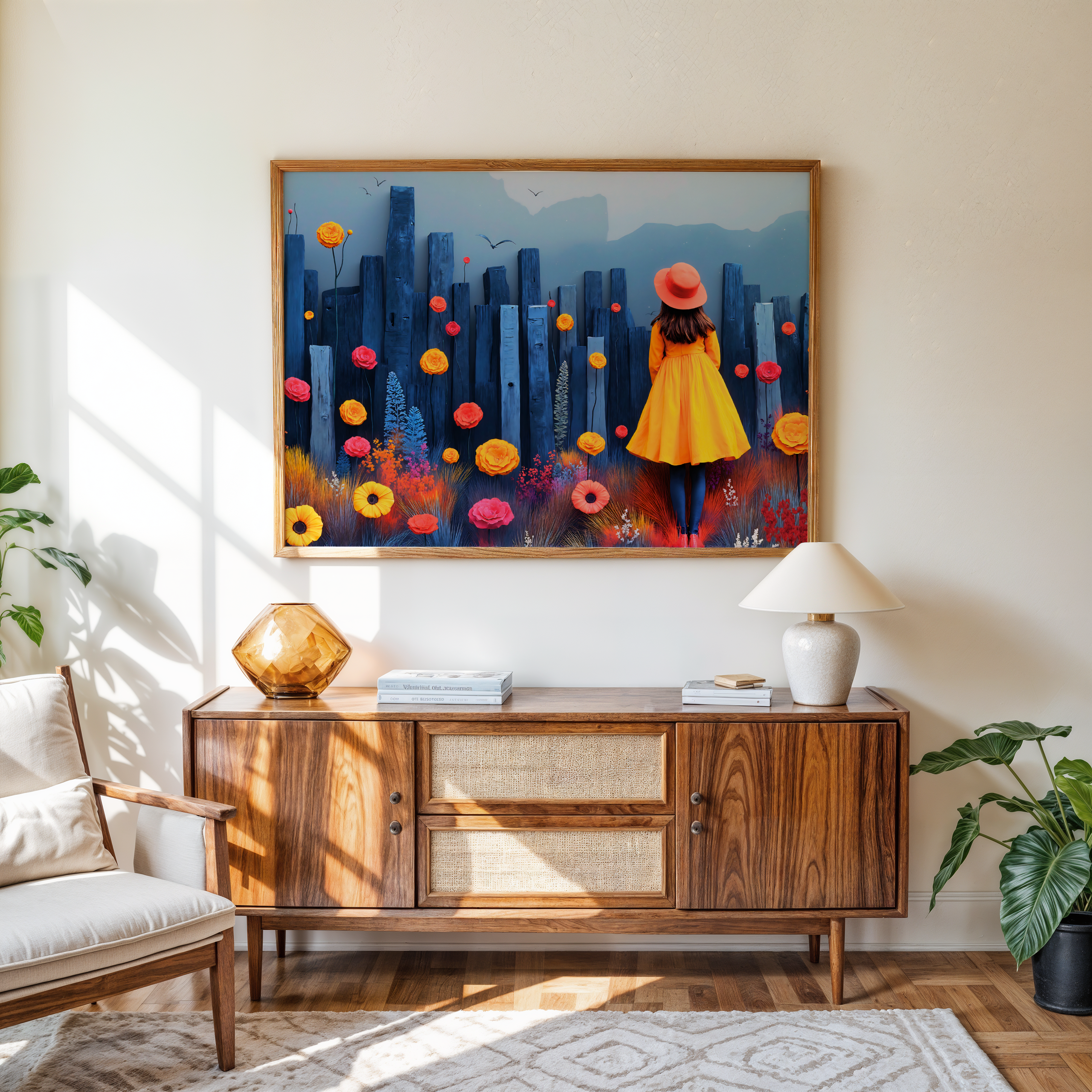  Whimsical floral dreamscape on canvas with bold colors and vertical planks
