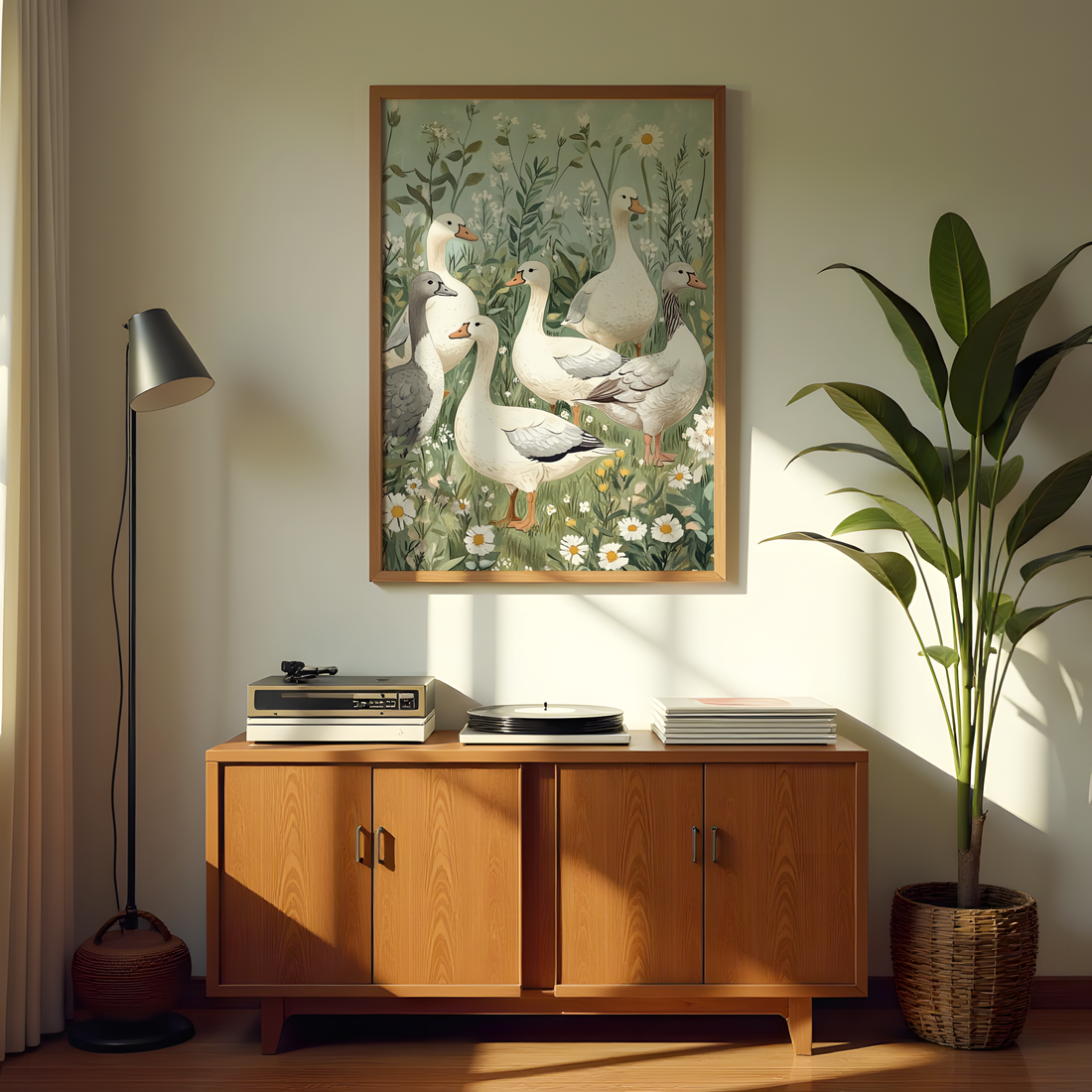 Farmhouse animal wall art featuring geese in a peaceful meadow