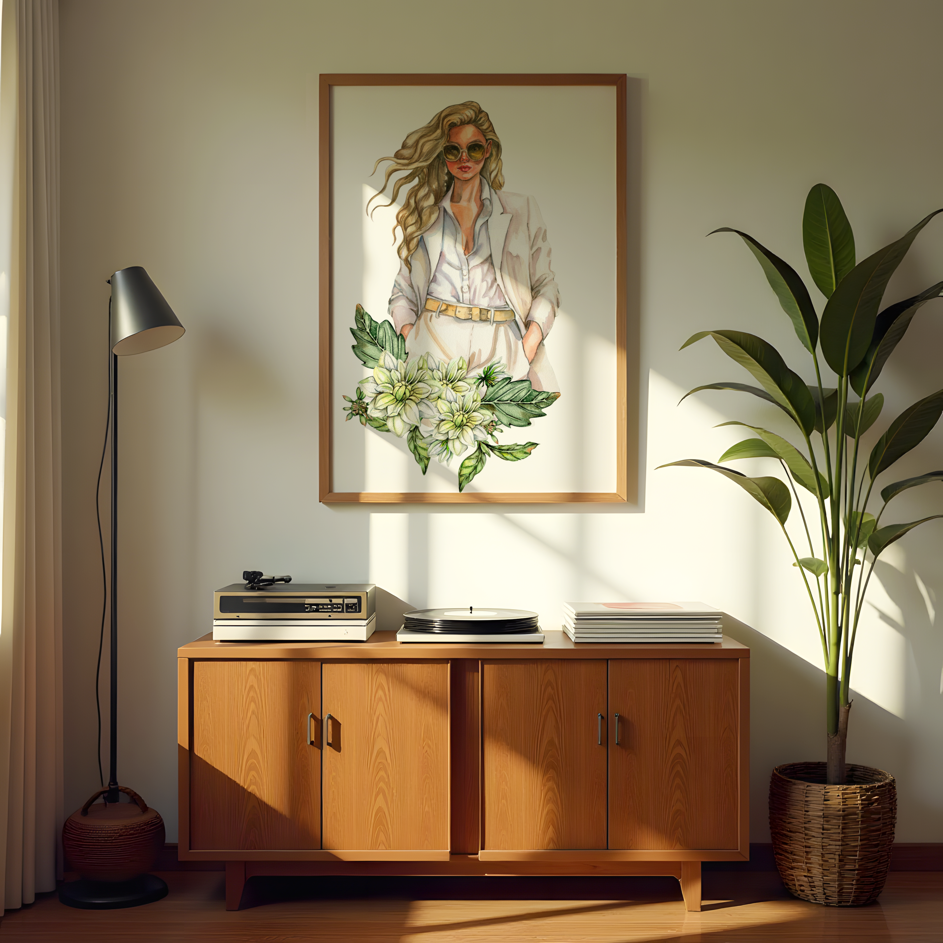 Watercolor fashion woman in white with floral canvas décor