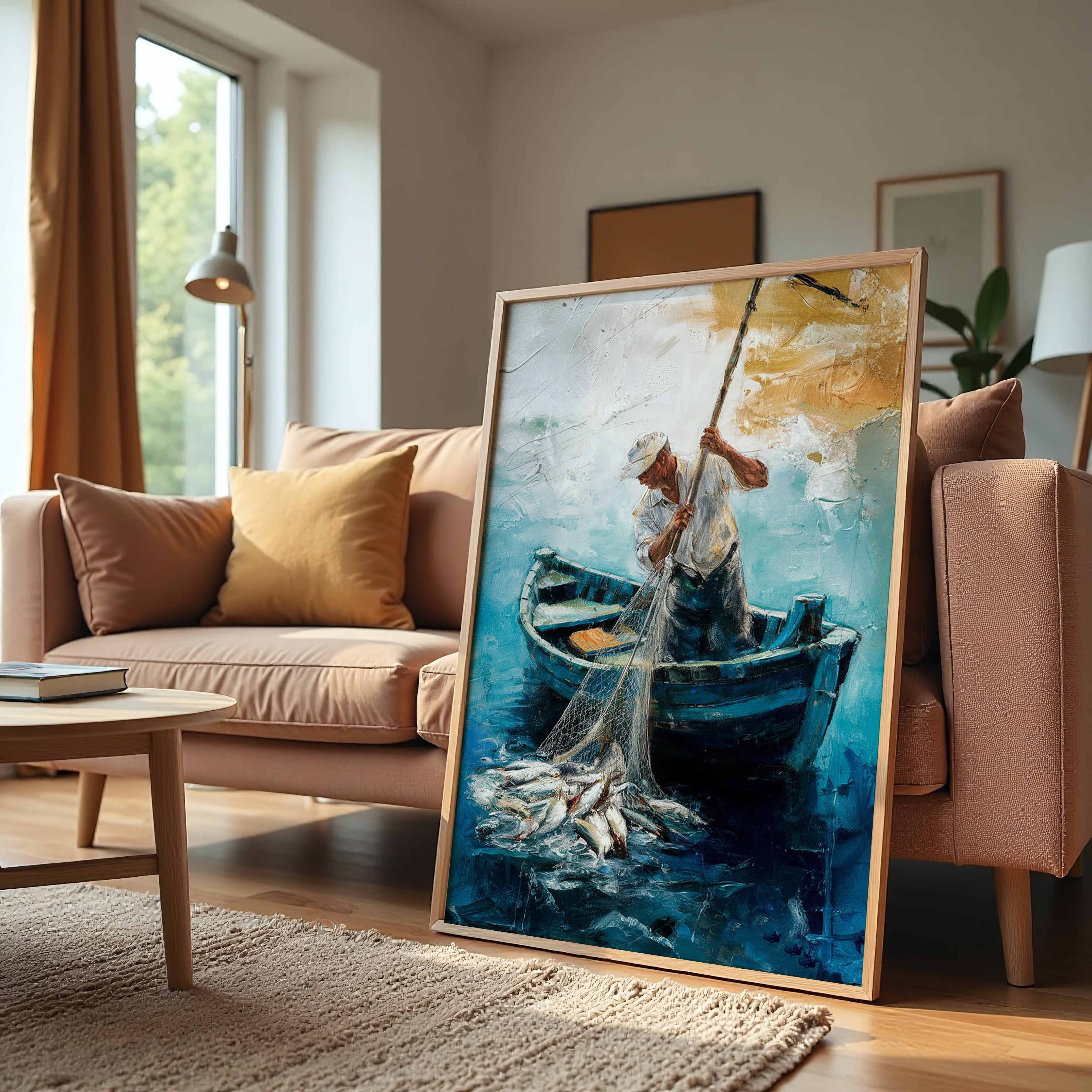 Abstract painting of fisherman pulling net of fish into a boat