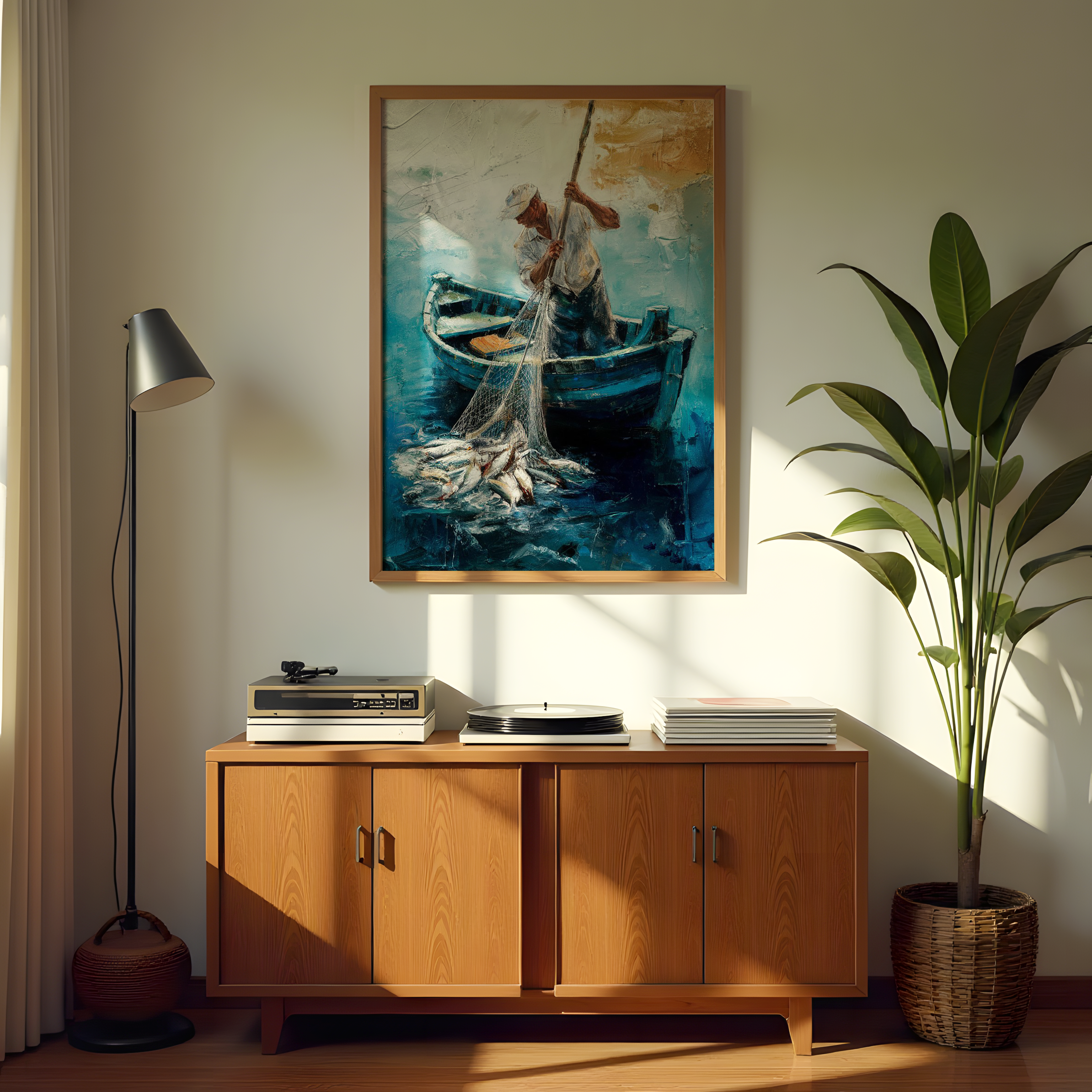 Fisherman canvas wall art – man with net and boat at sea