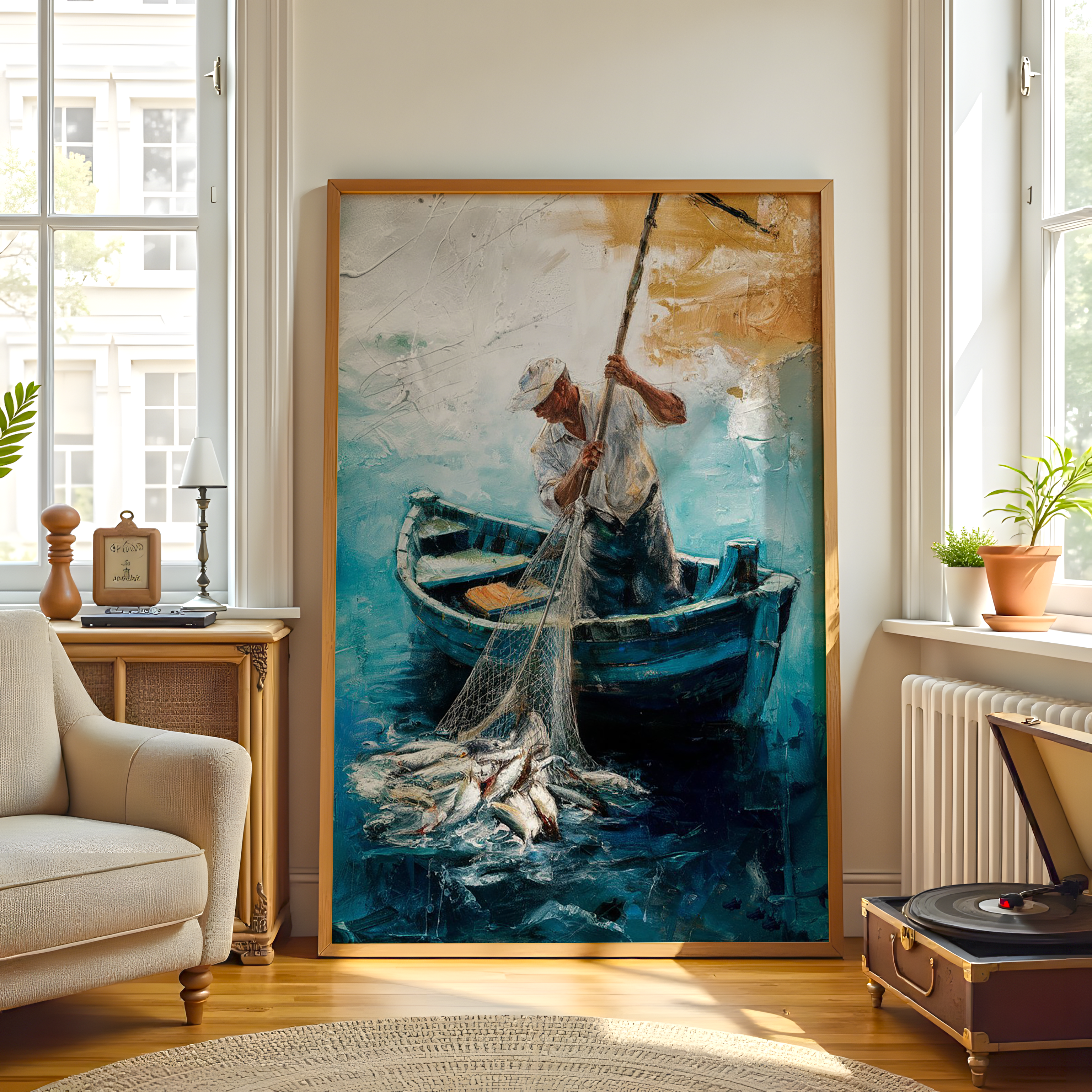 Fishing boat canvas painting with fisherman and fresh catch