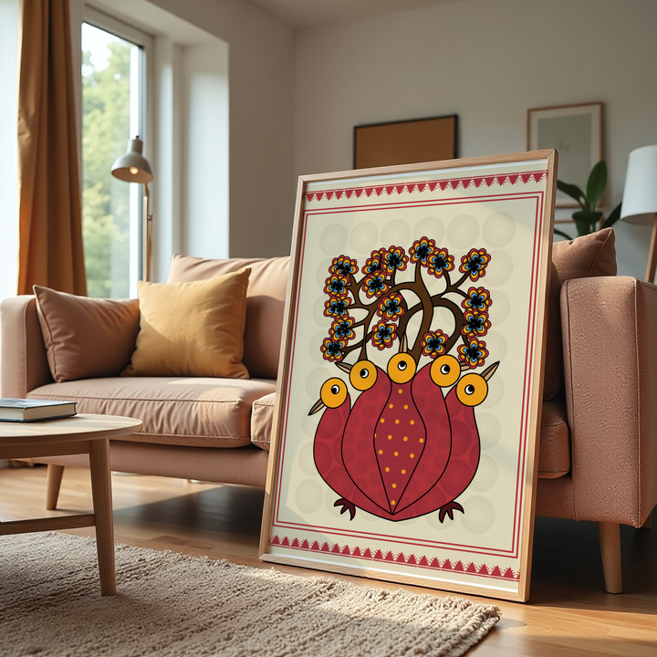 Five birds of harmony Indian folk art wall painting with colorful traditional patterns