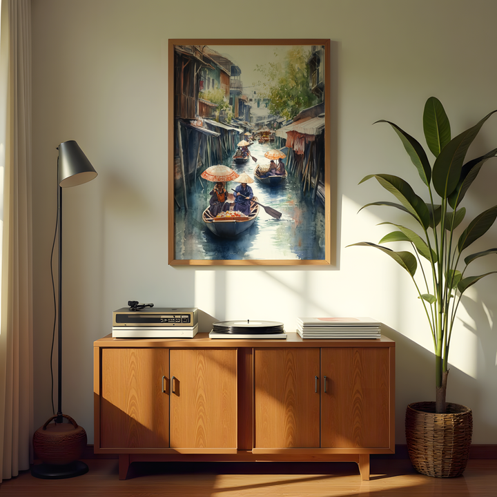 Floating market watercolor wall art with merchants rowing boats