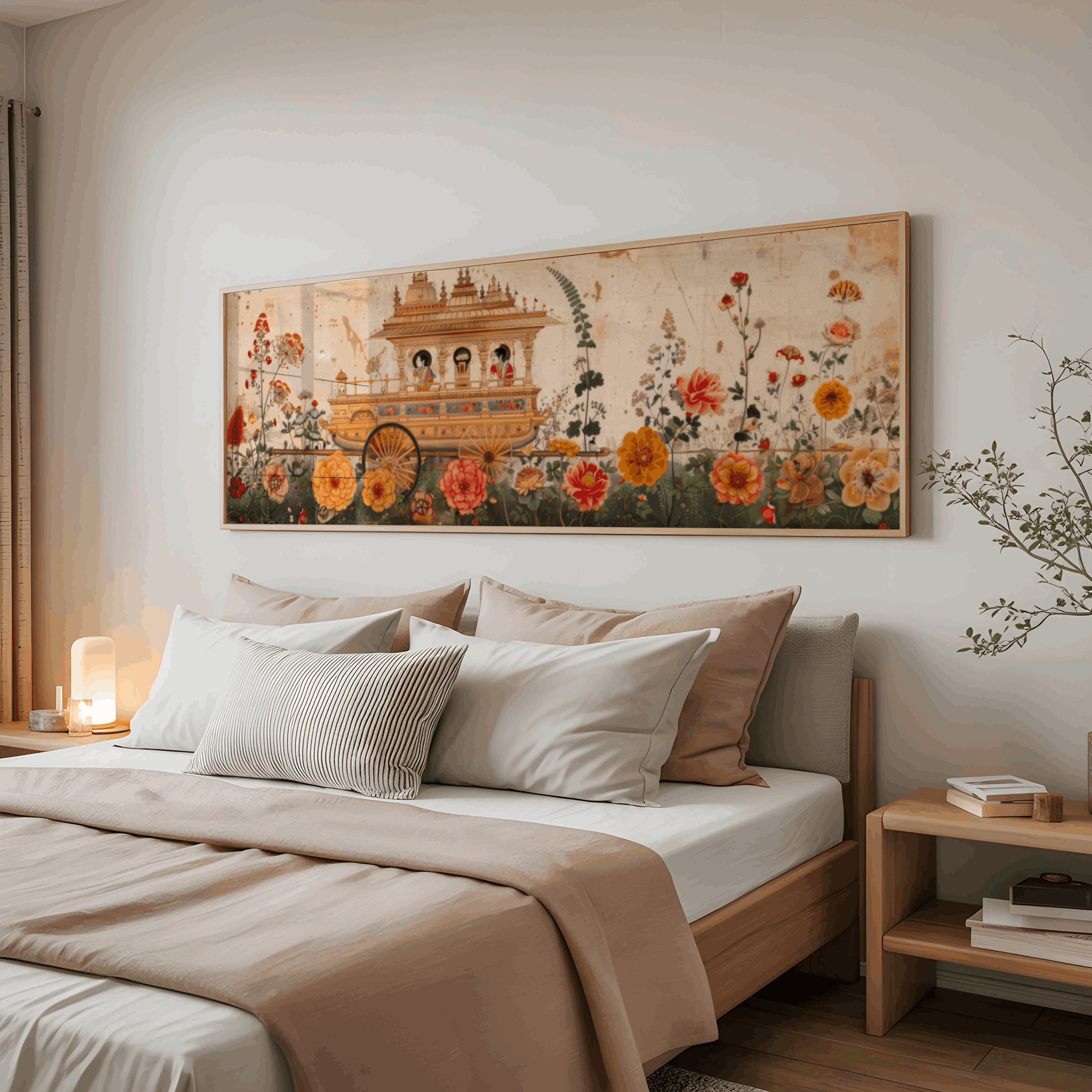 Botanical Indian heritage wall art featuring ornate temple chariot and flowers