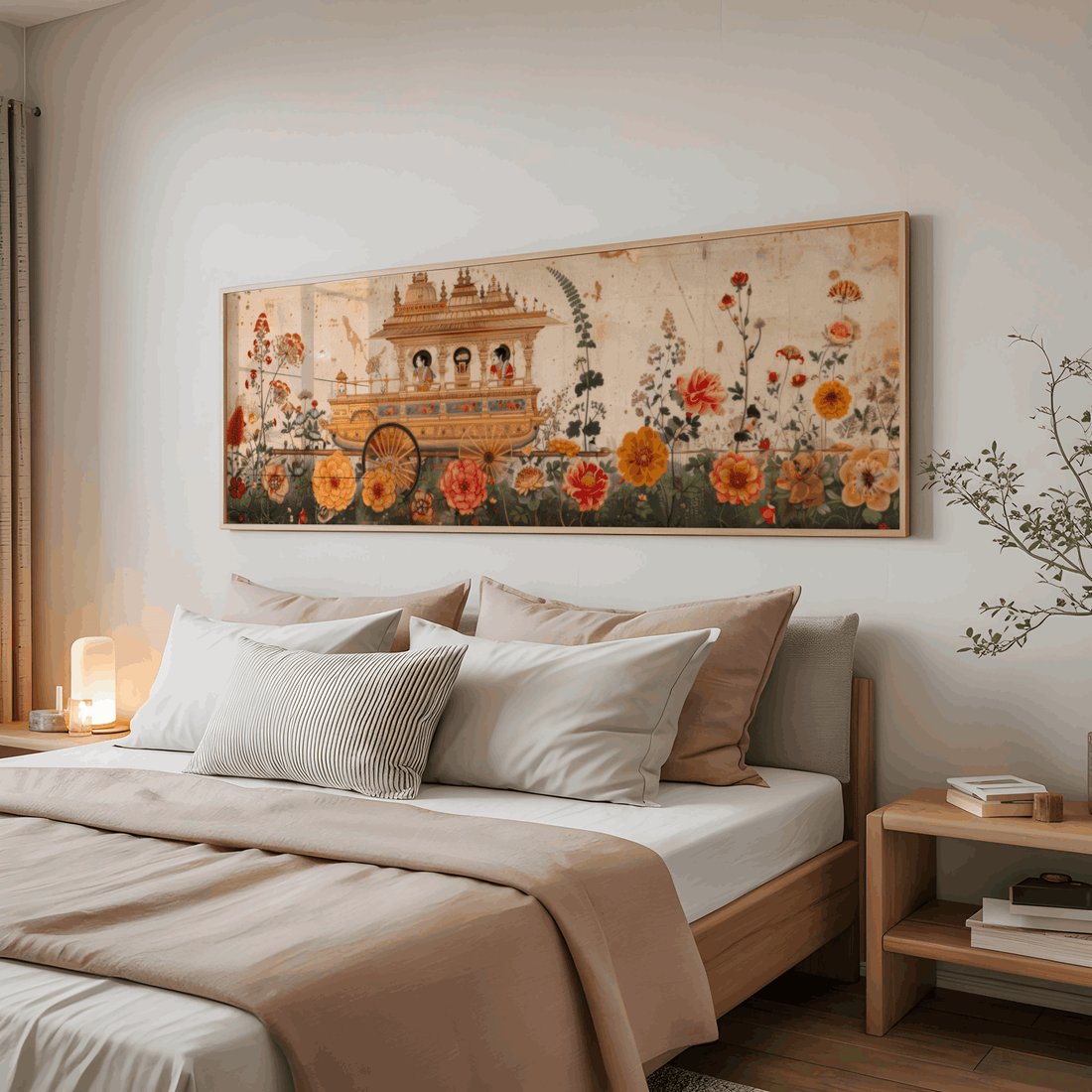 Botanical Indian heritage wall art featuring ornate temple chariot and flowers