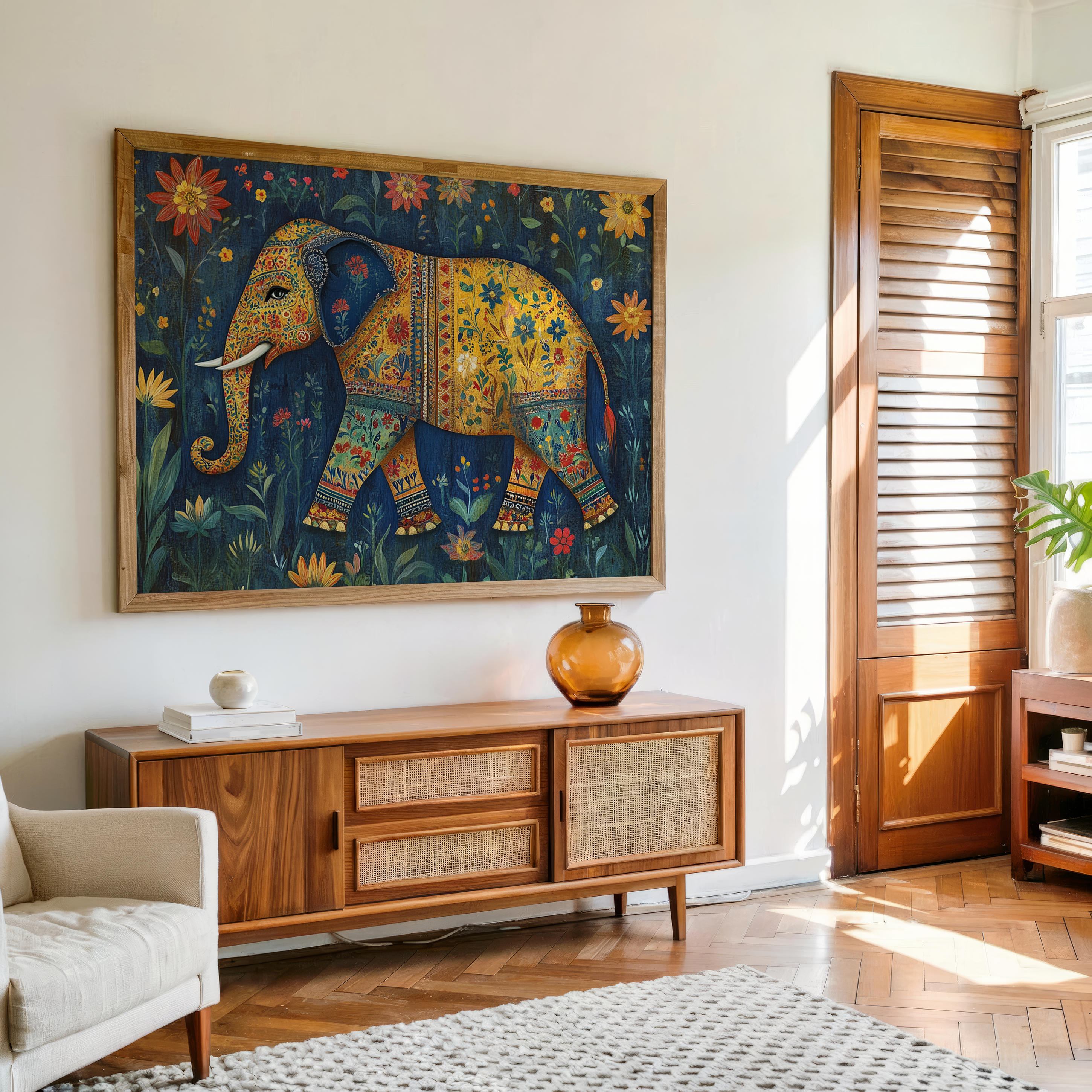 Floral elephant canvas wall art with traditional Indian motifs