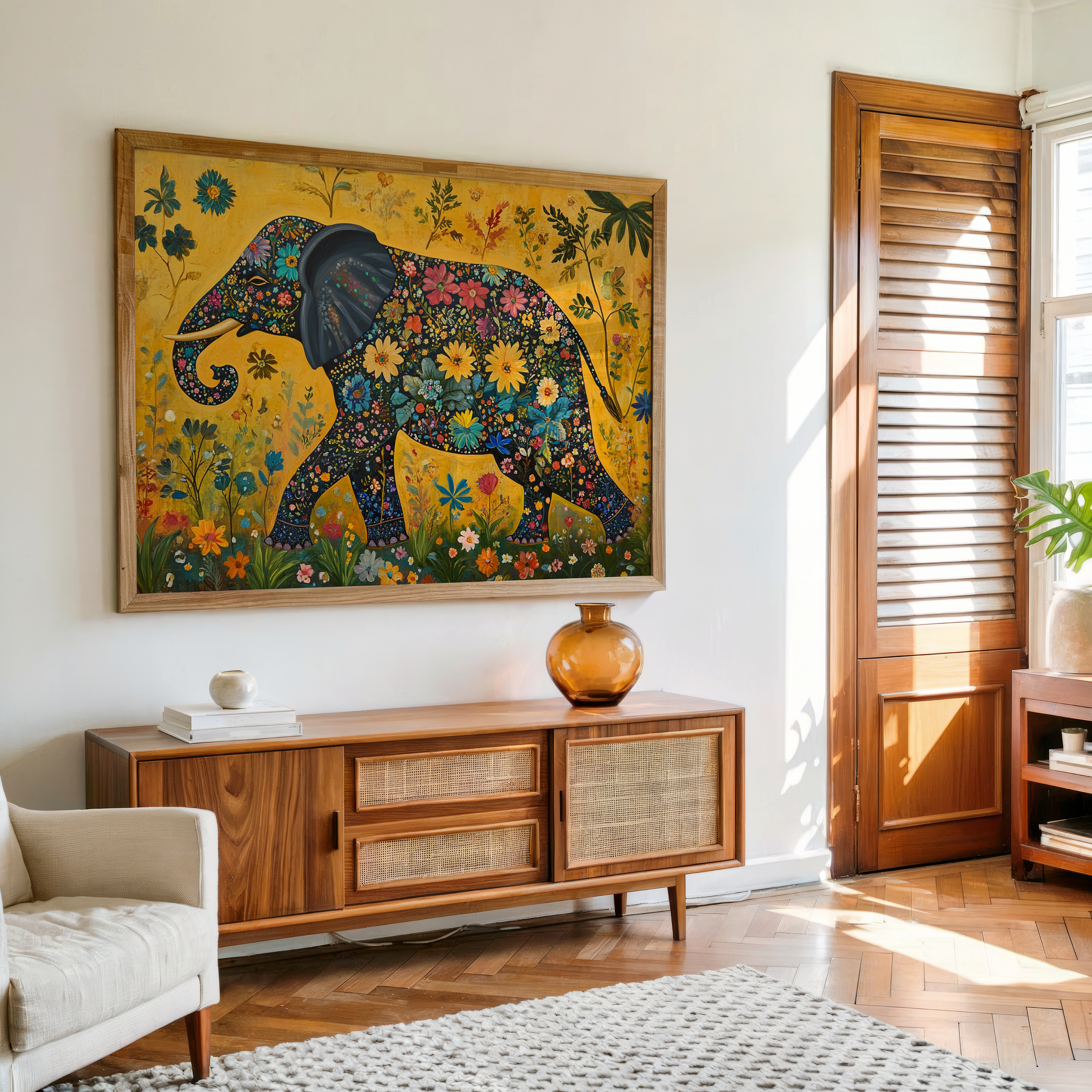 Vibrant floral elephant canvas wall art with colorful boho patterns.