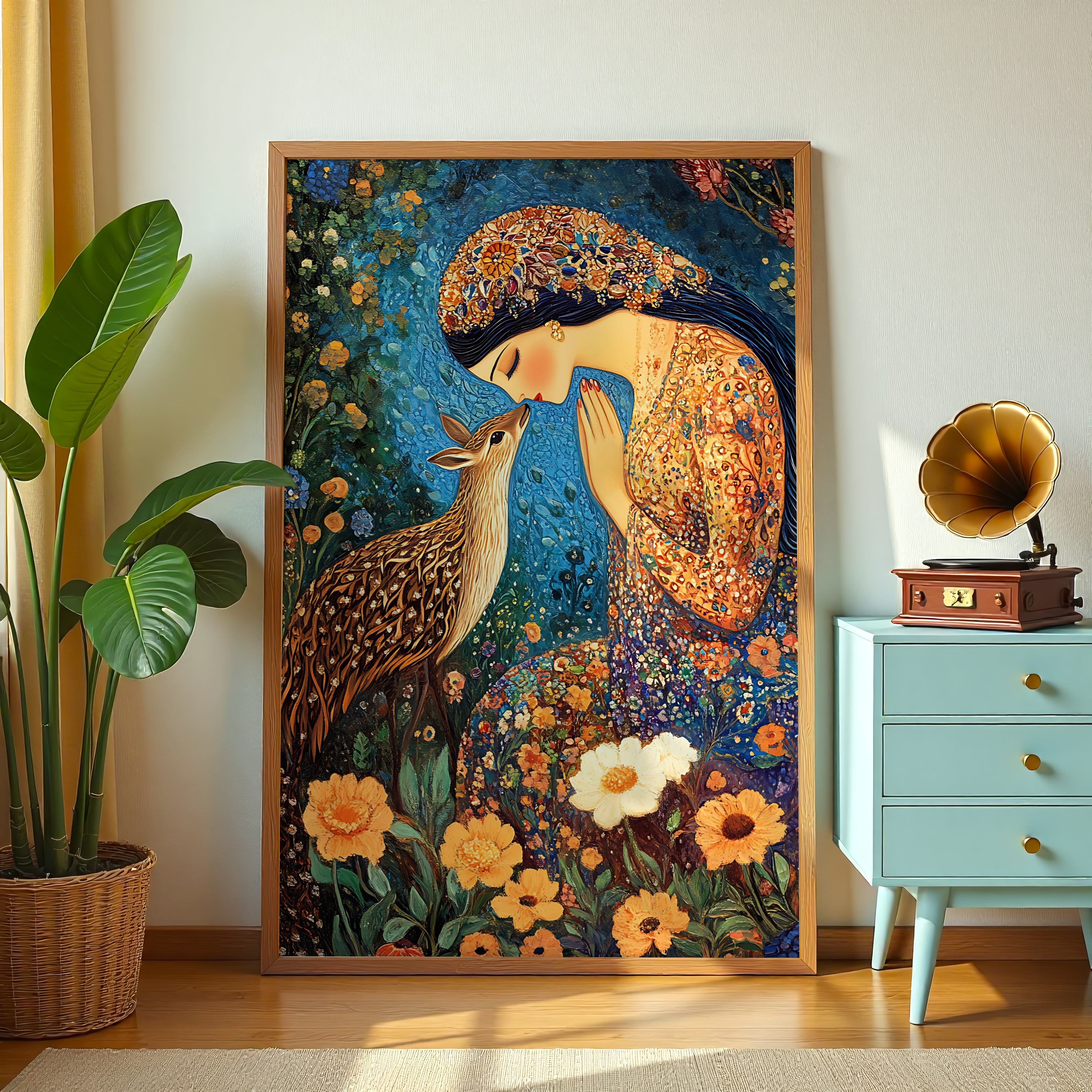 Elegant woman greeting a deer painting in a vibrant field of flowers.