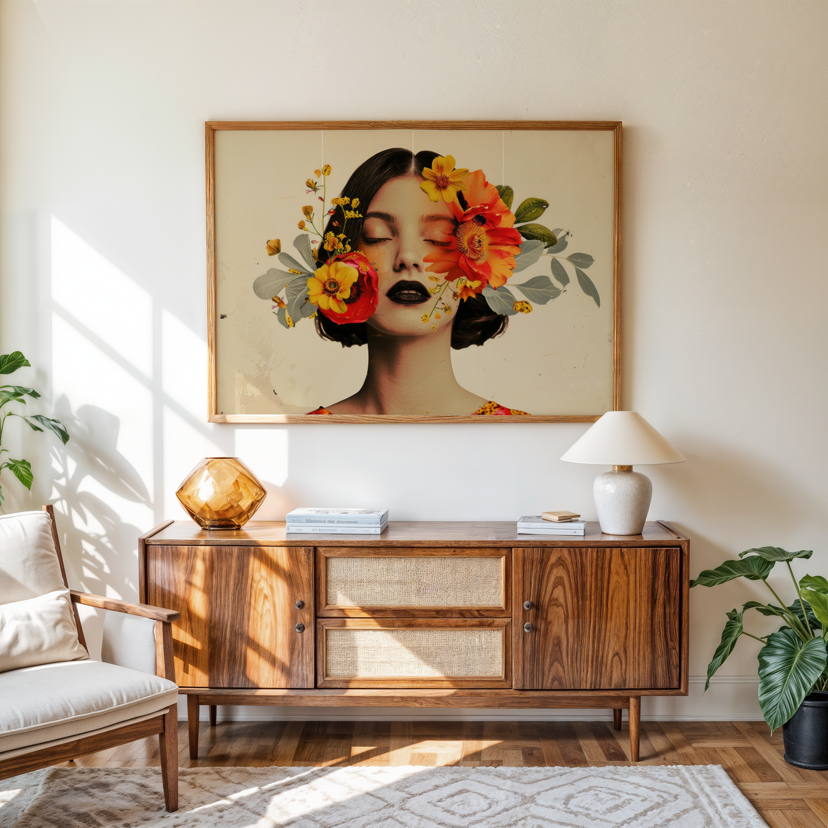 Abstract woman face with flowers canvas art, modern collage style décor