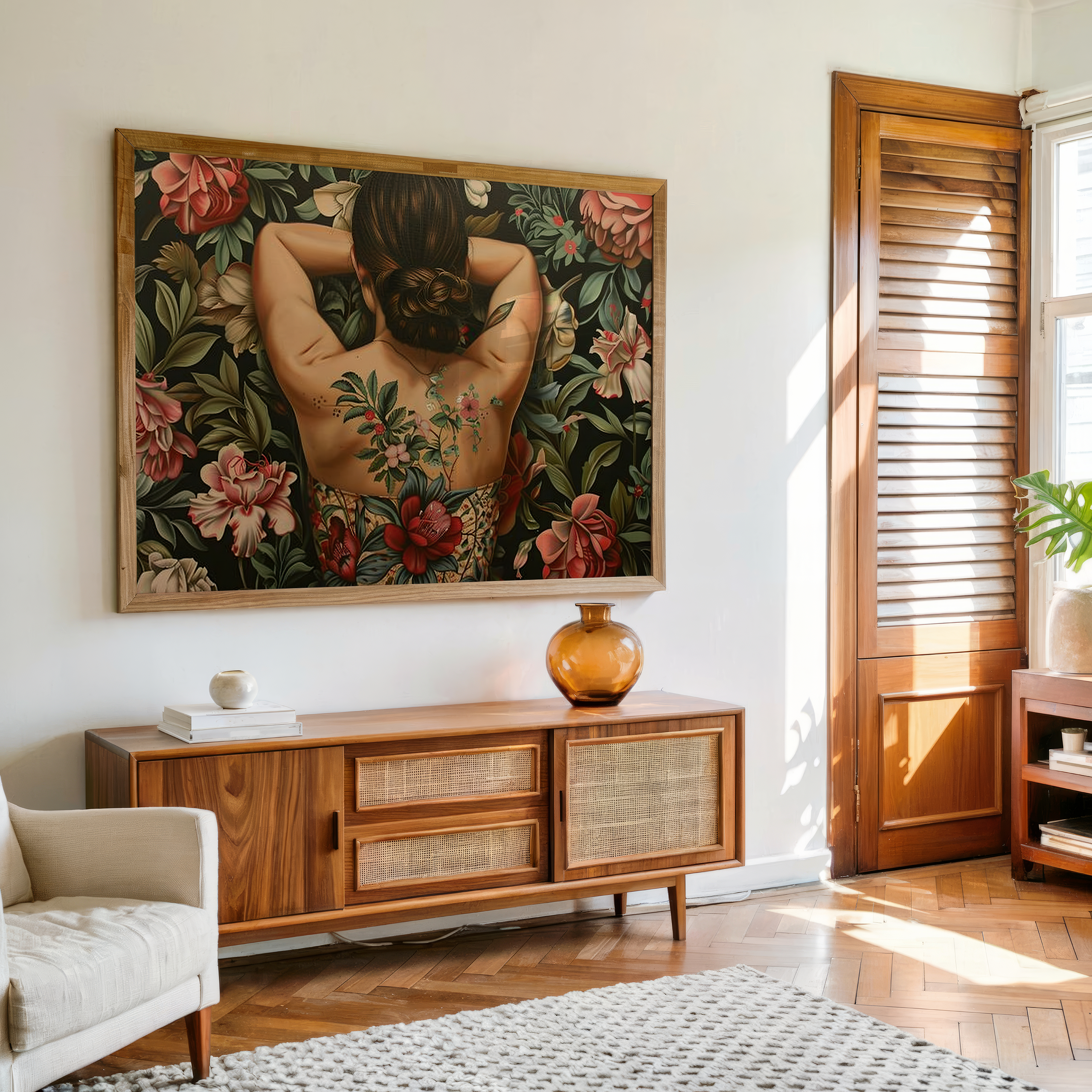 Floral woman back canvas wall art with botanical design and elegant feminine decor