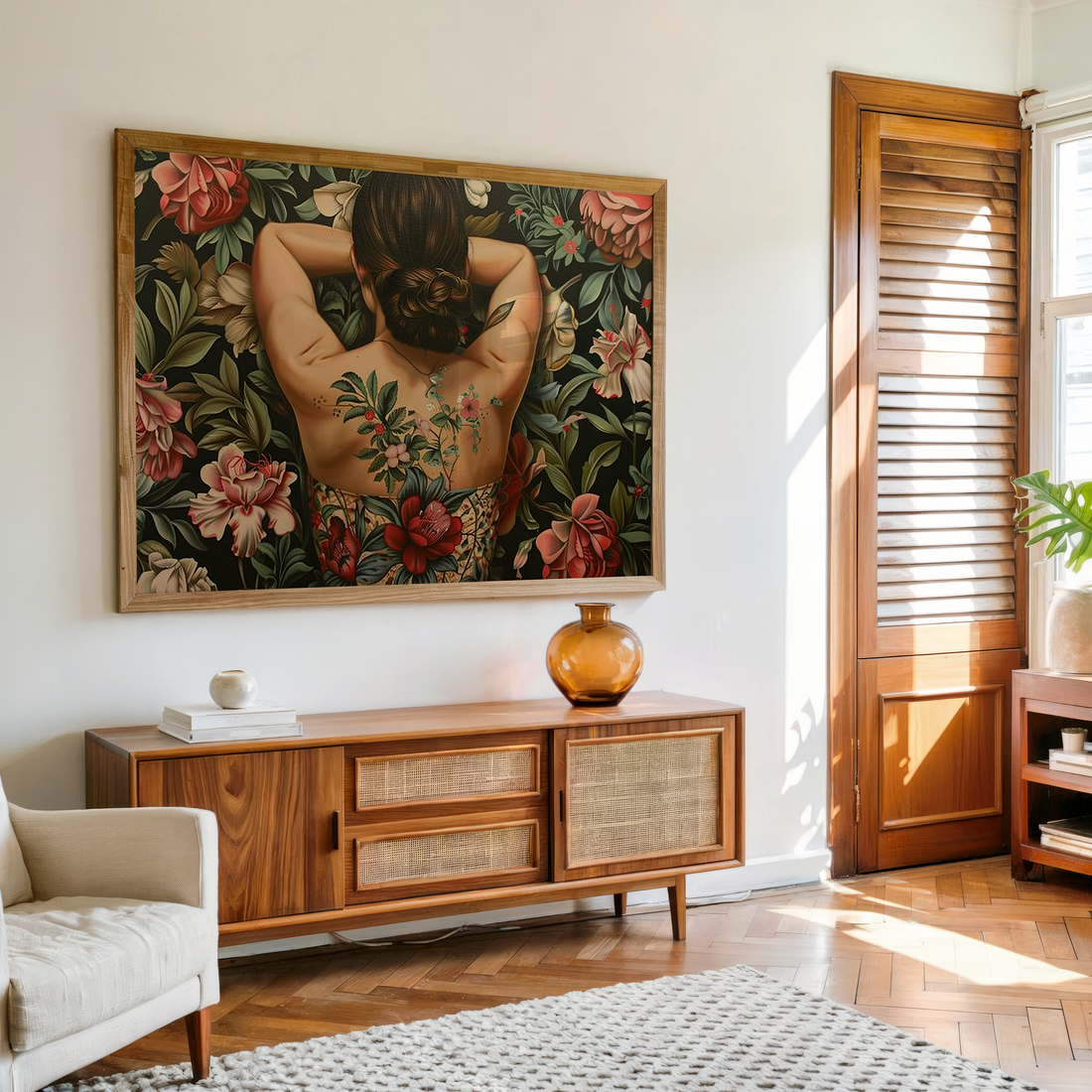 Floral woman back canvas wall art with botanical design and elegant feminine decor