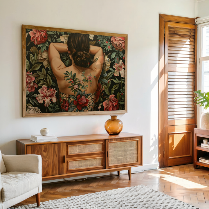 Floral woman back canvas wall art with botanical design and elegant feminine decor