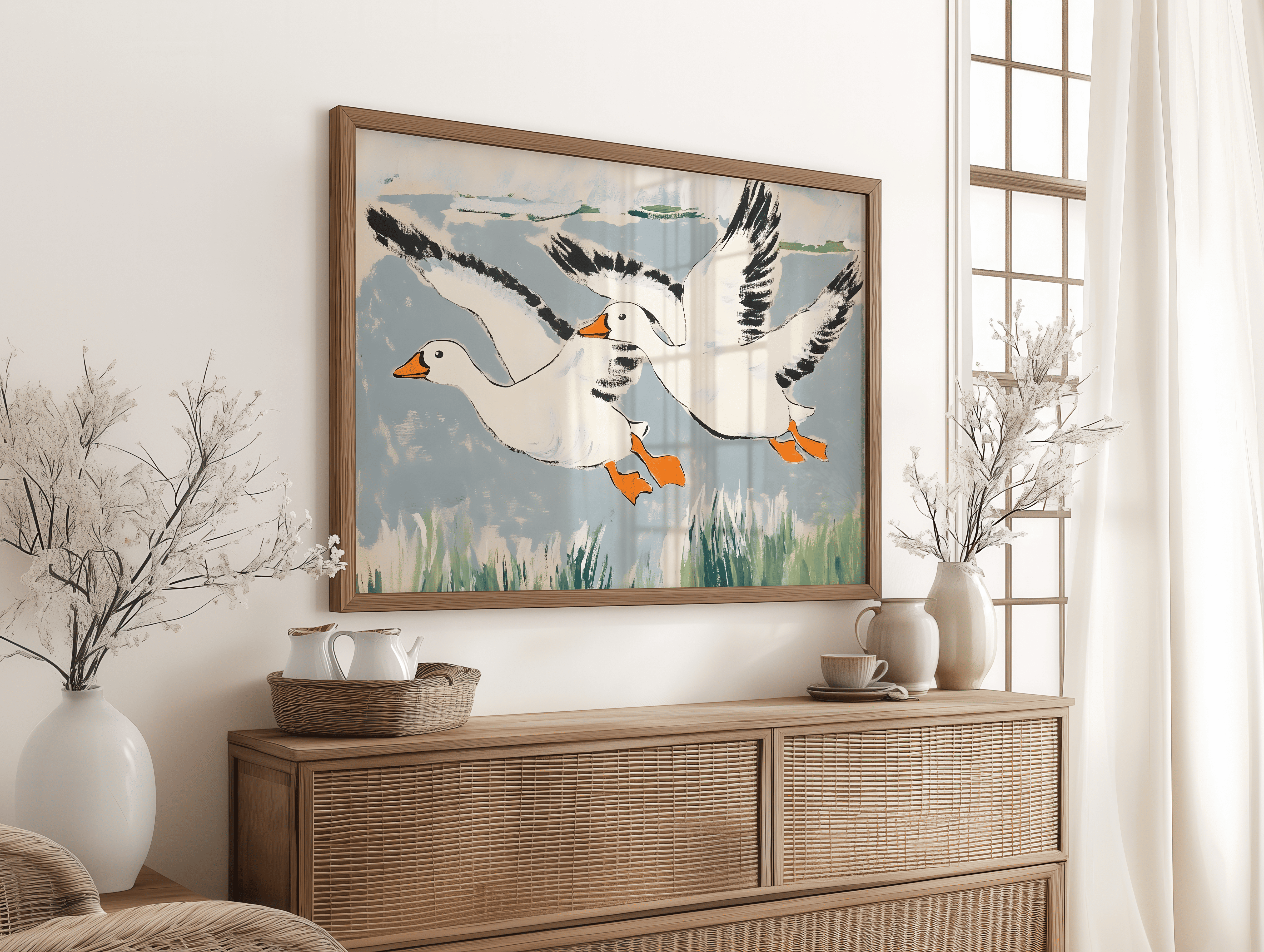 Flying geese wall art canvas print with white birds and soft sky tones