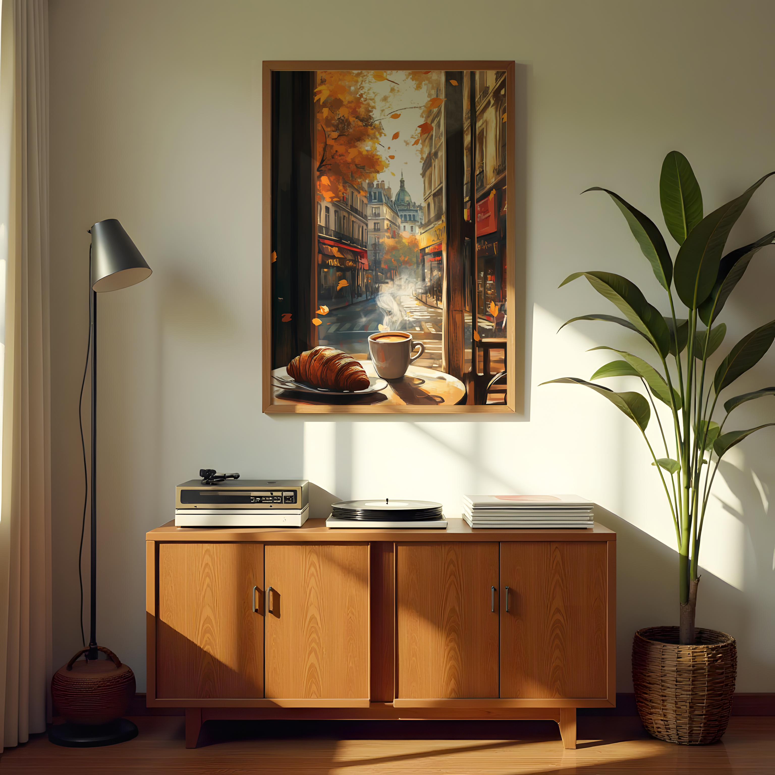 French breakfast coffee and croissant framed painting