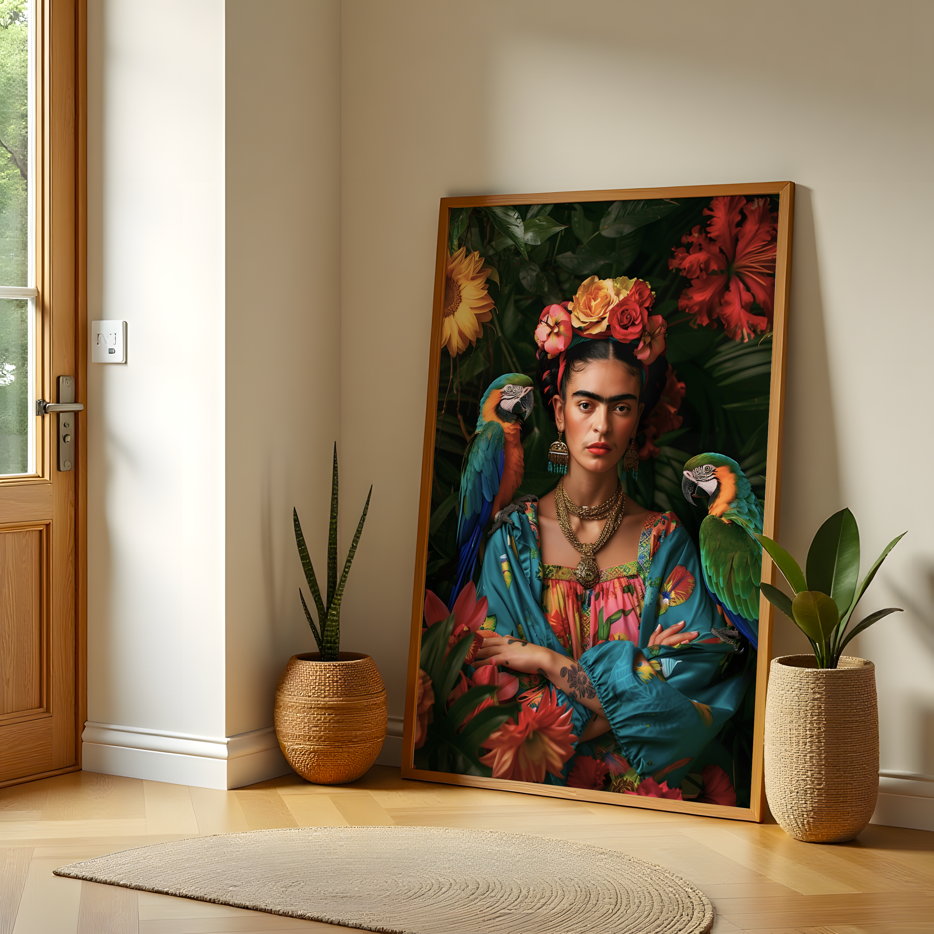 Frida-inspired bohemian wall art with parrots