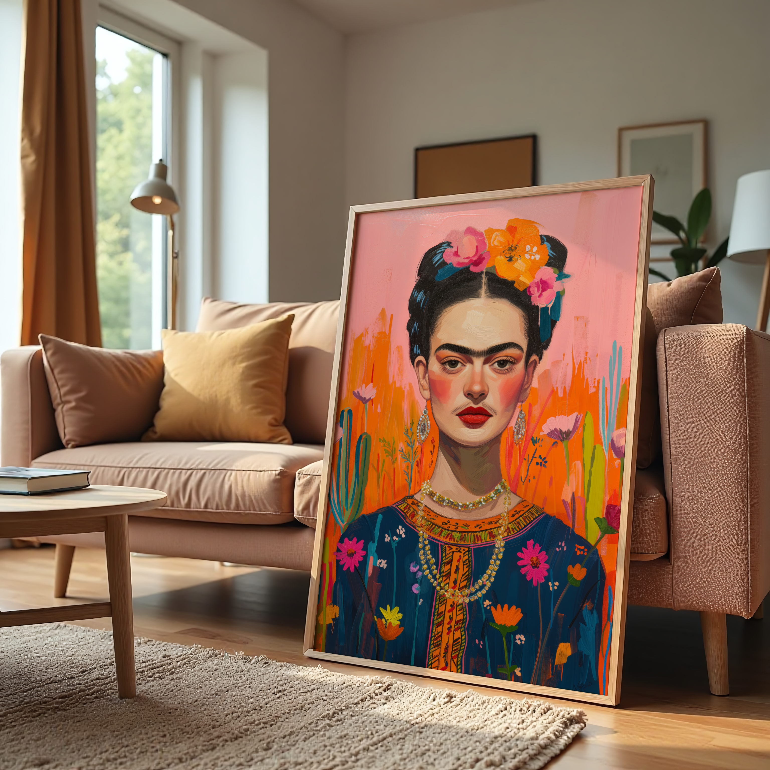 Frida Kahlo inspired floral canvas wall art with bold colors and bohemian style