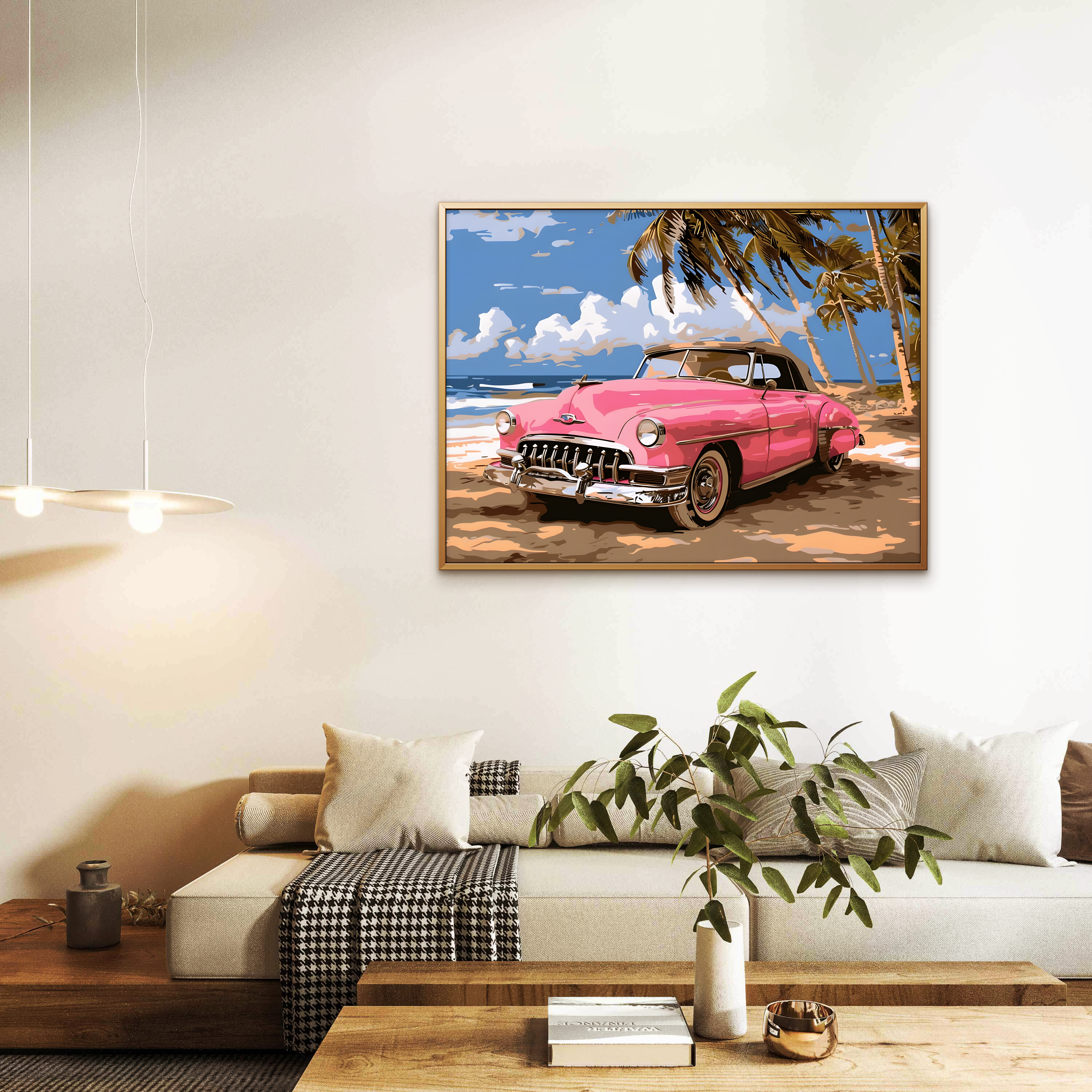 Tropical Pink Ride – Illustrated Vintage Car Wall Art