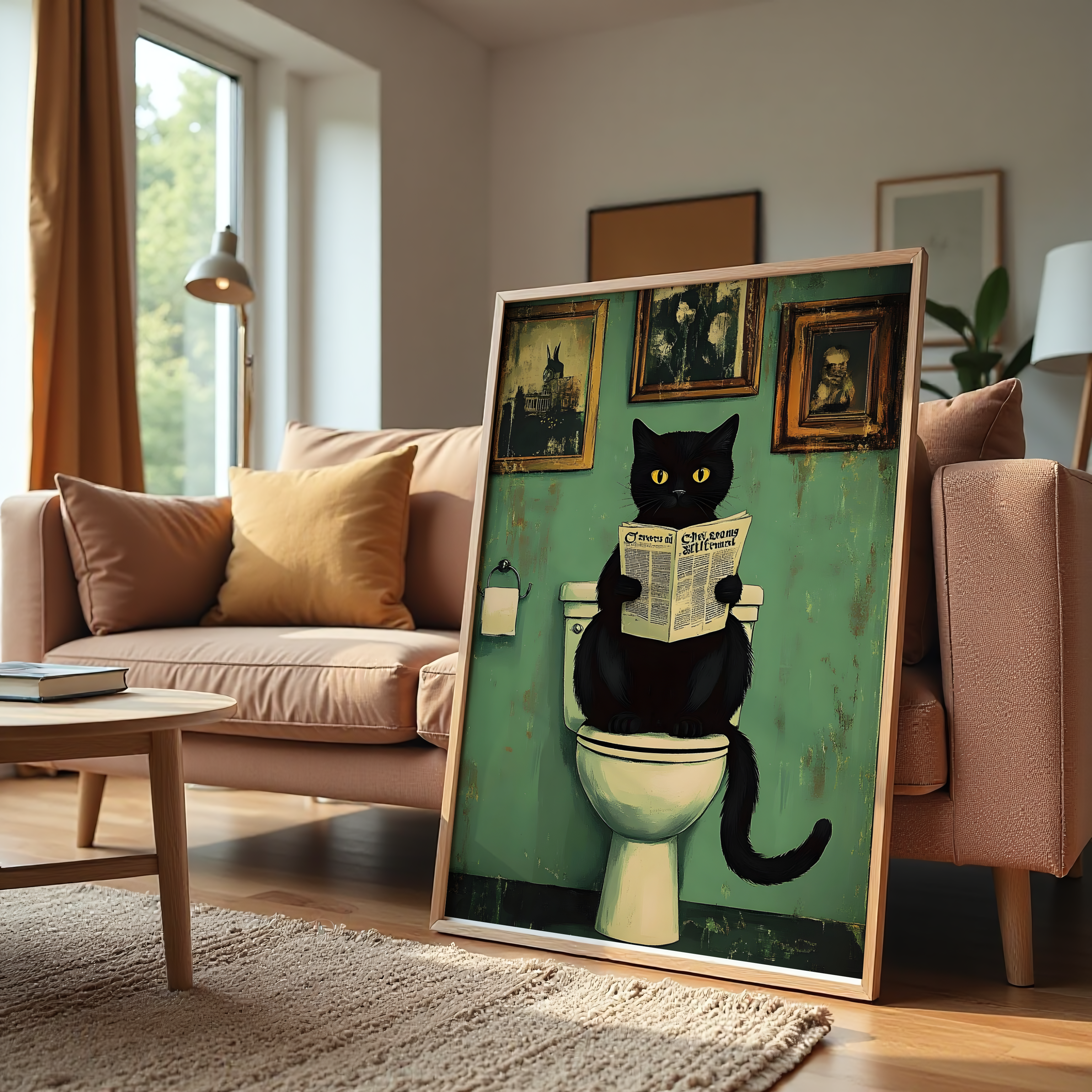 Funny black cat wall art reading a newspaper in bathroom