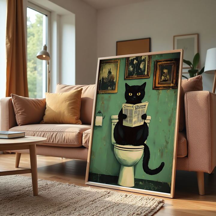Funny black cat wall art reading a newspaper in bathroom