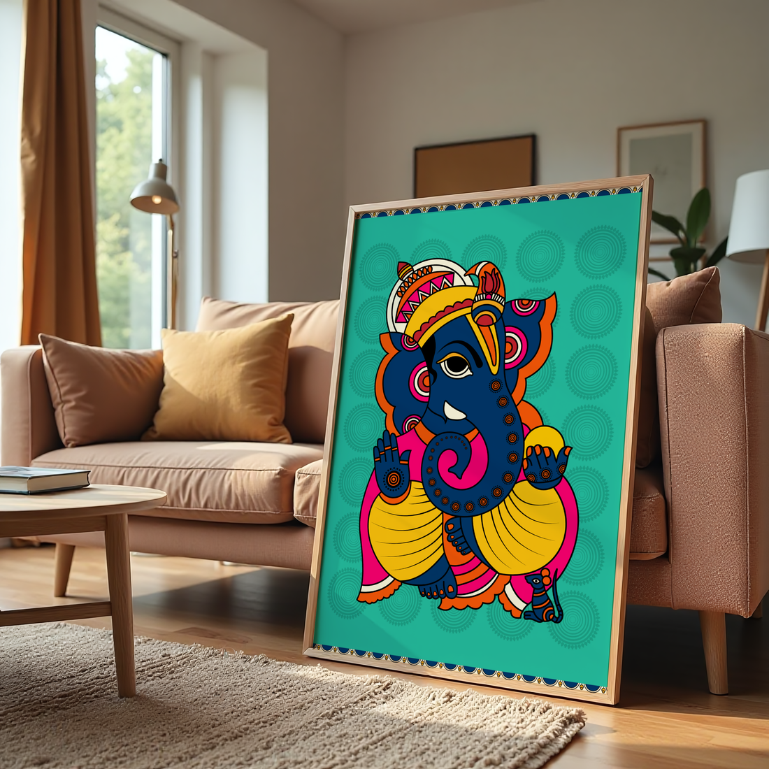 Lord Ganesha folk-art painting with vibrant colors and traditional patterns