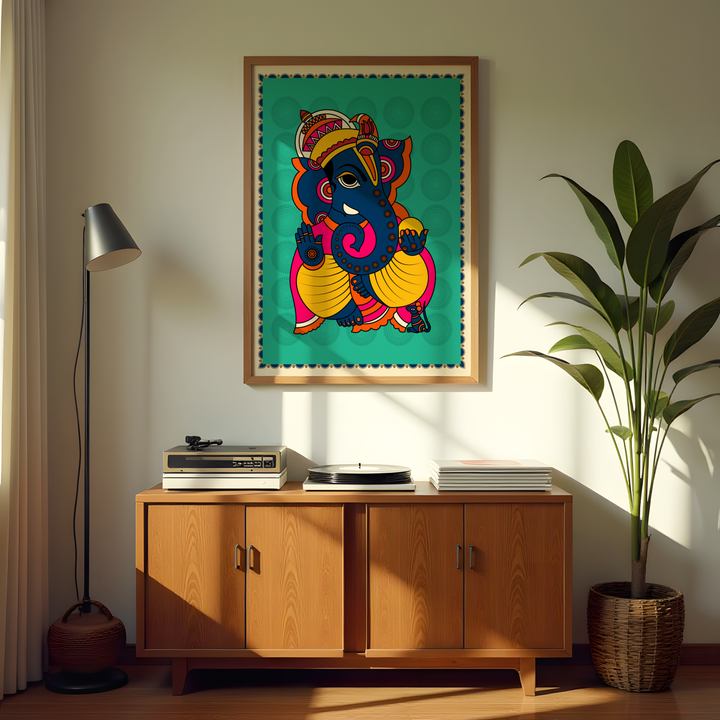 Madhubani-inspired Ganesha painting featuring bold lines and bright colors