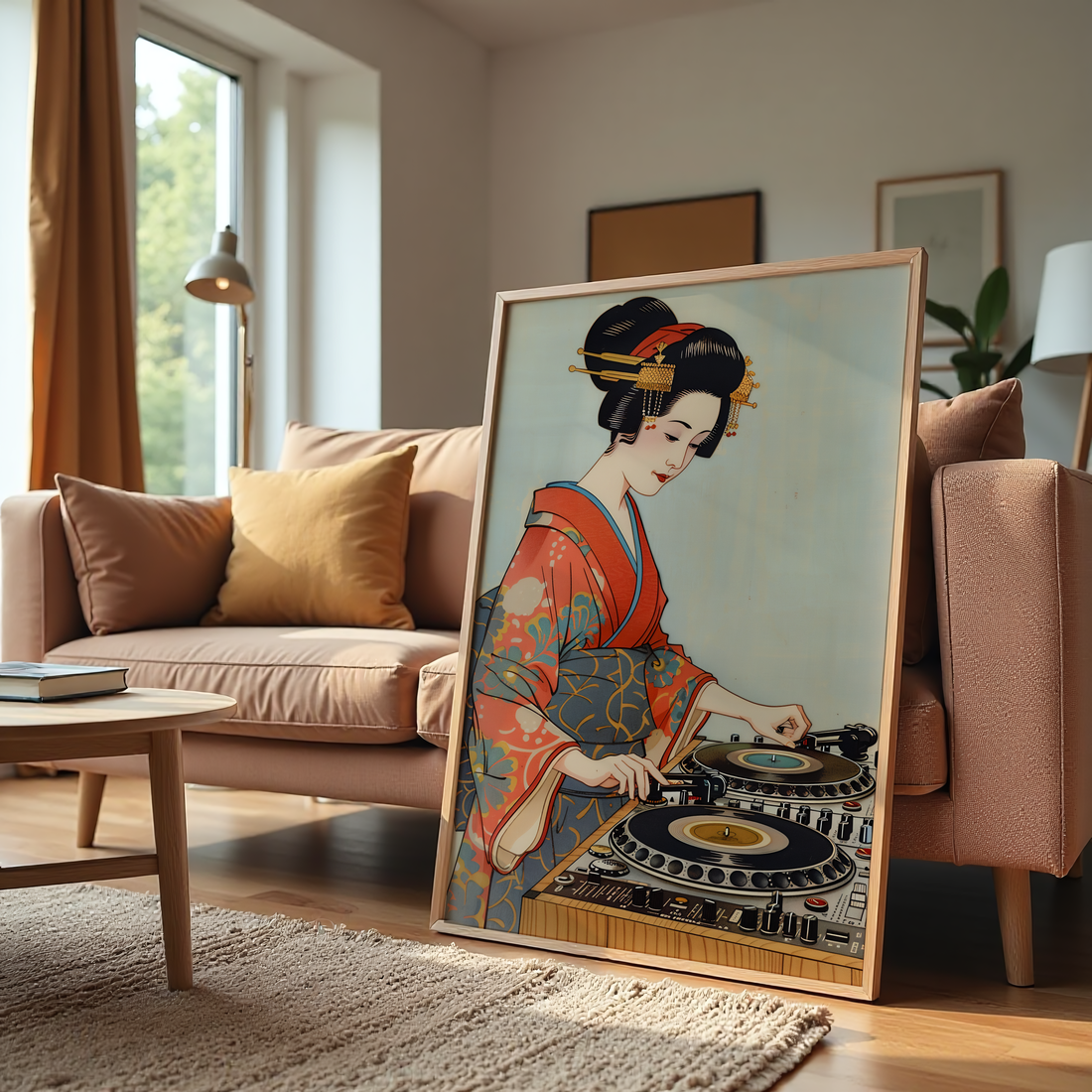 Elegant Japanese Geisha in kimono DJing with turntables – fusion of traditional art and modern music wall decor by Ohhfo