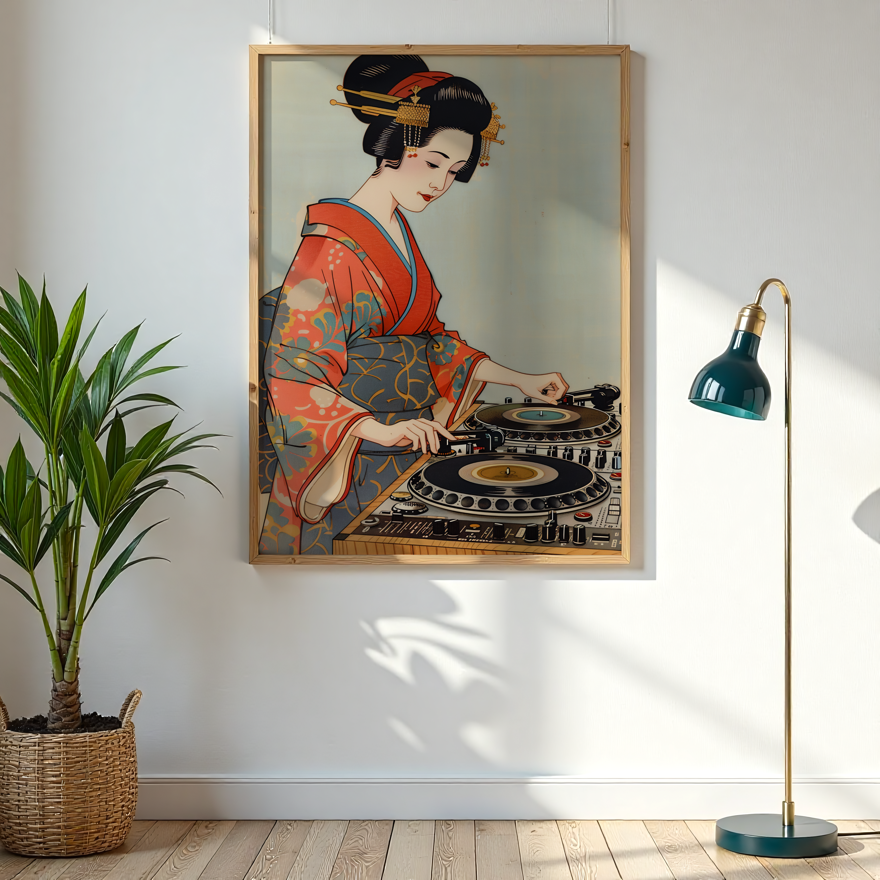 Framed artwork of a woman in traditional attire operating turntables in a room with a plant and lamp.